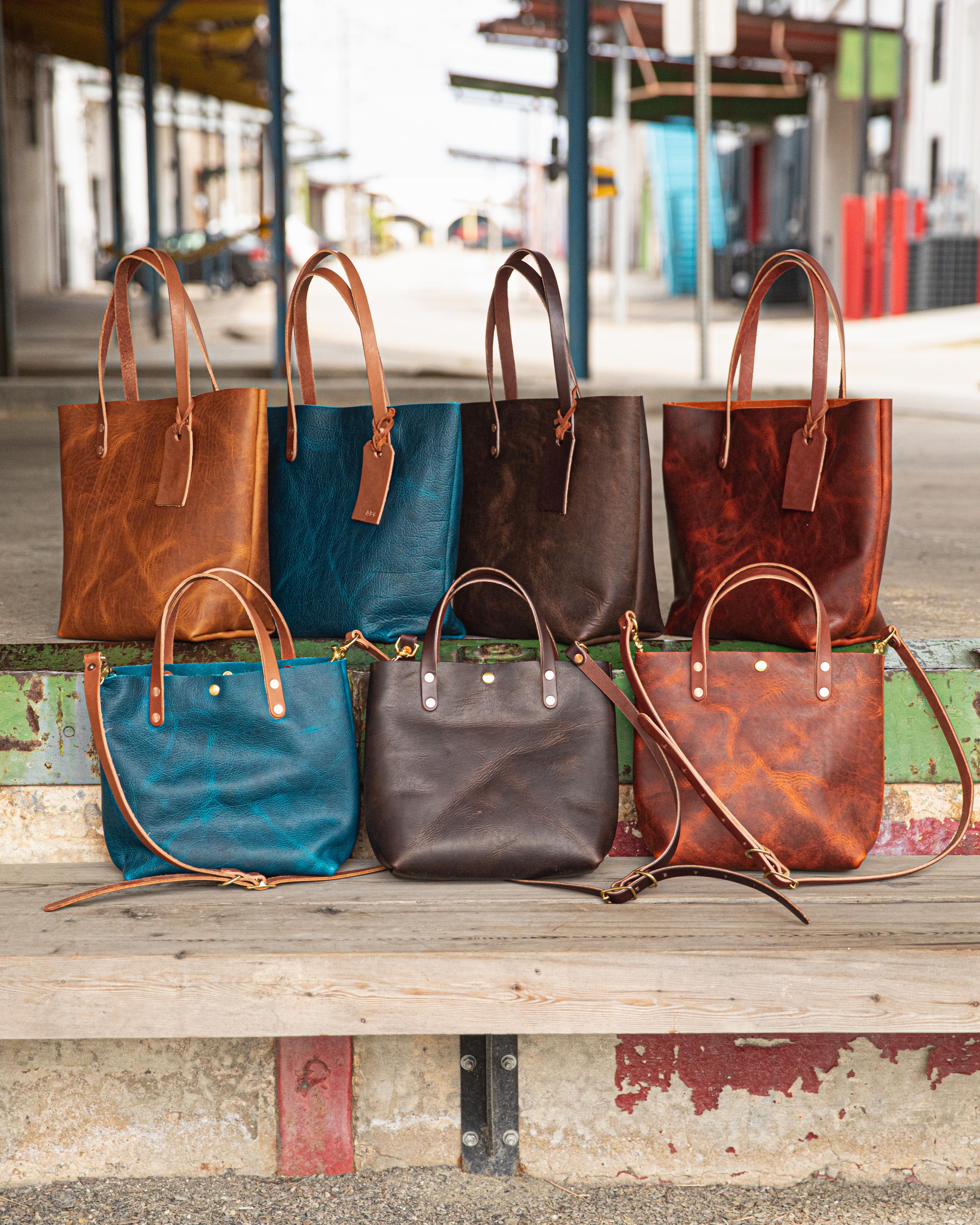 Bison leather tote bags and mini totes