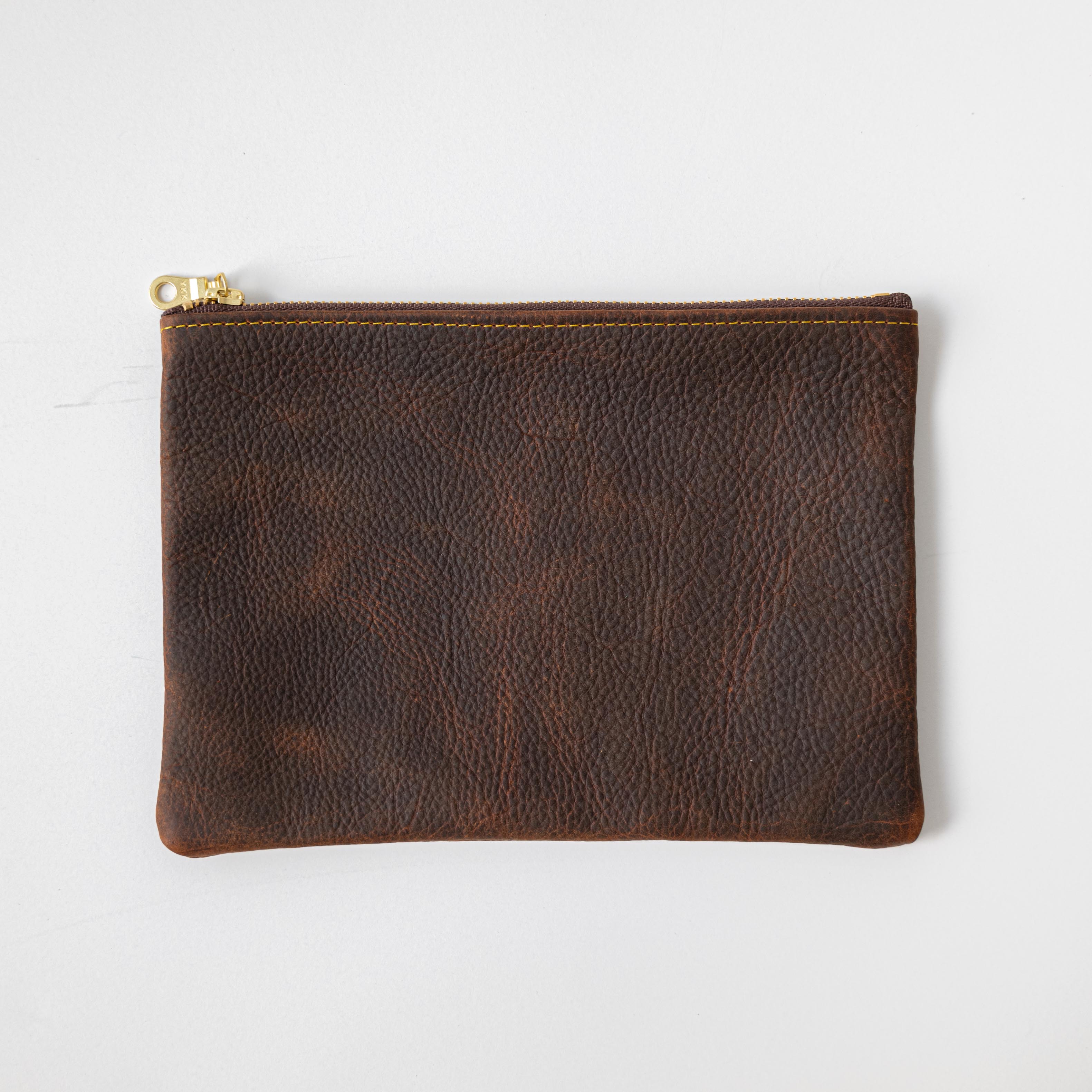 Brown Kodiak Medium Zip Pouch  Leather Clutch Bag at KMM & Co.