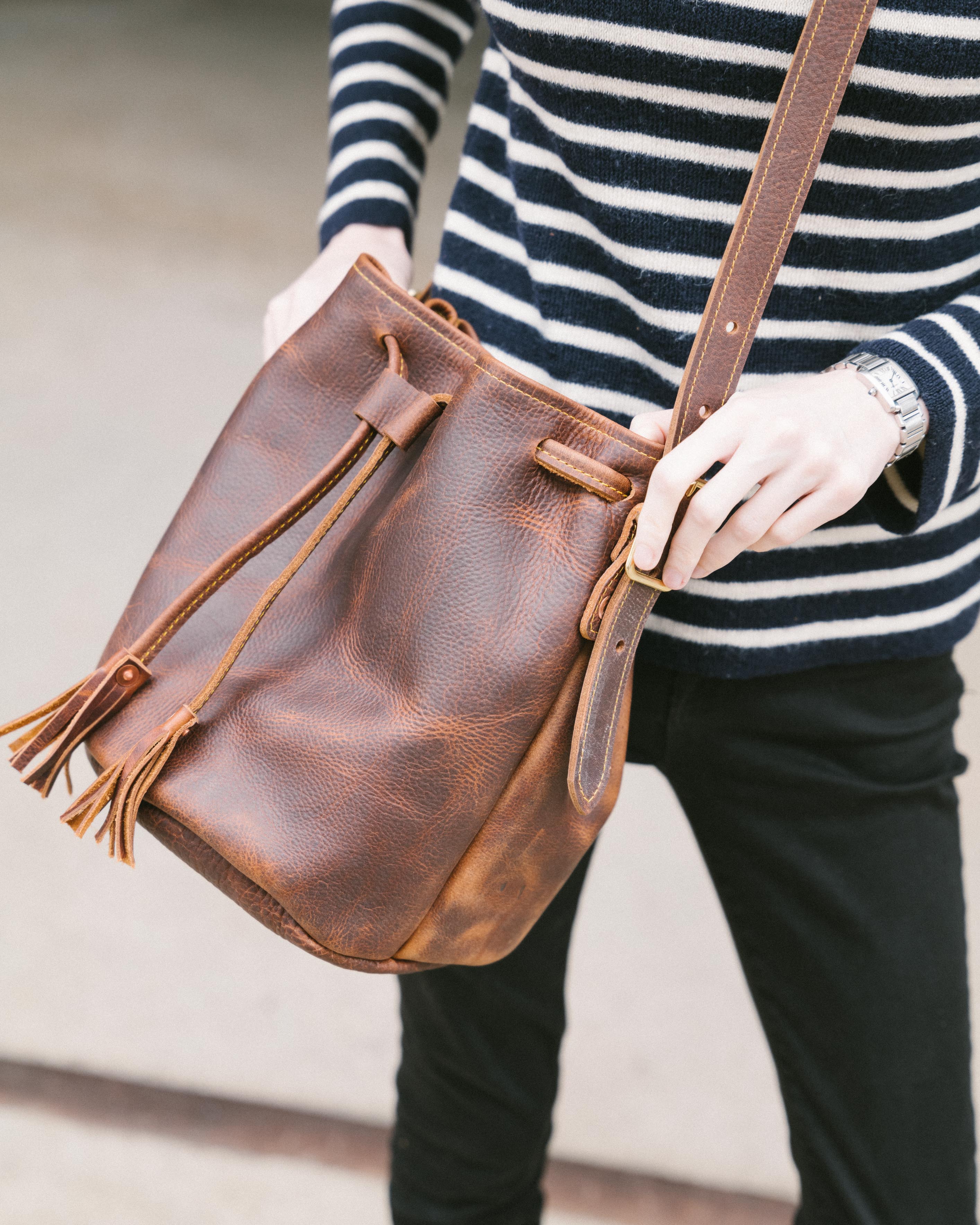 Tan leather bucket bag handmade in the USA