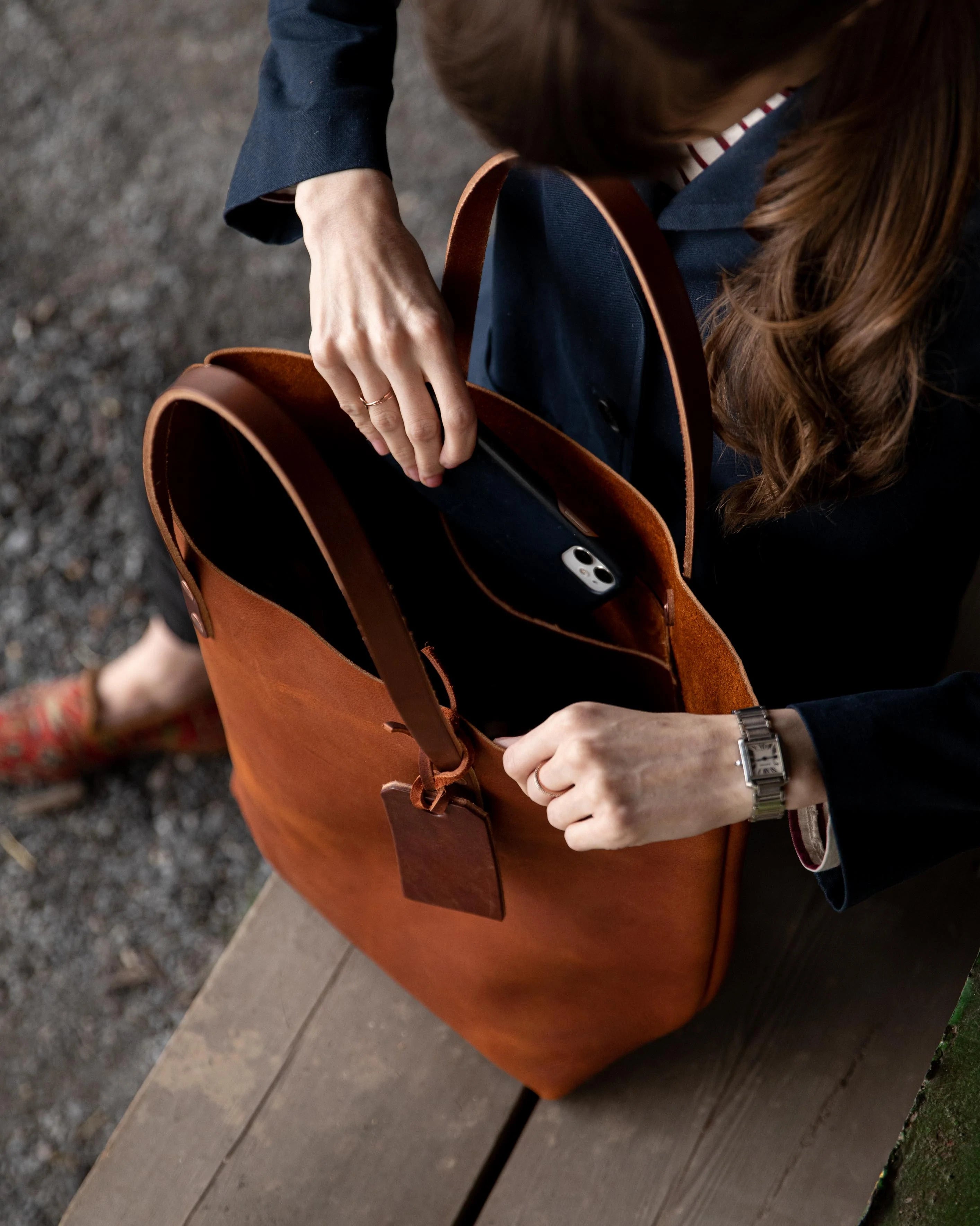 Cognac leather tote bag 