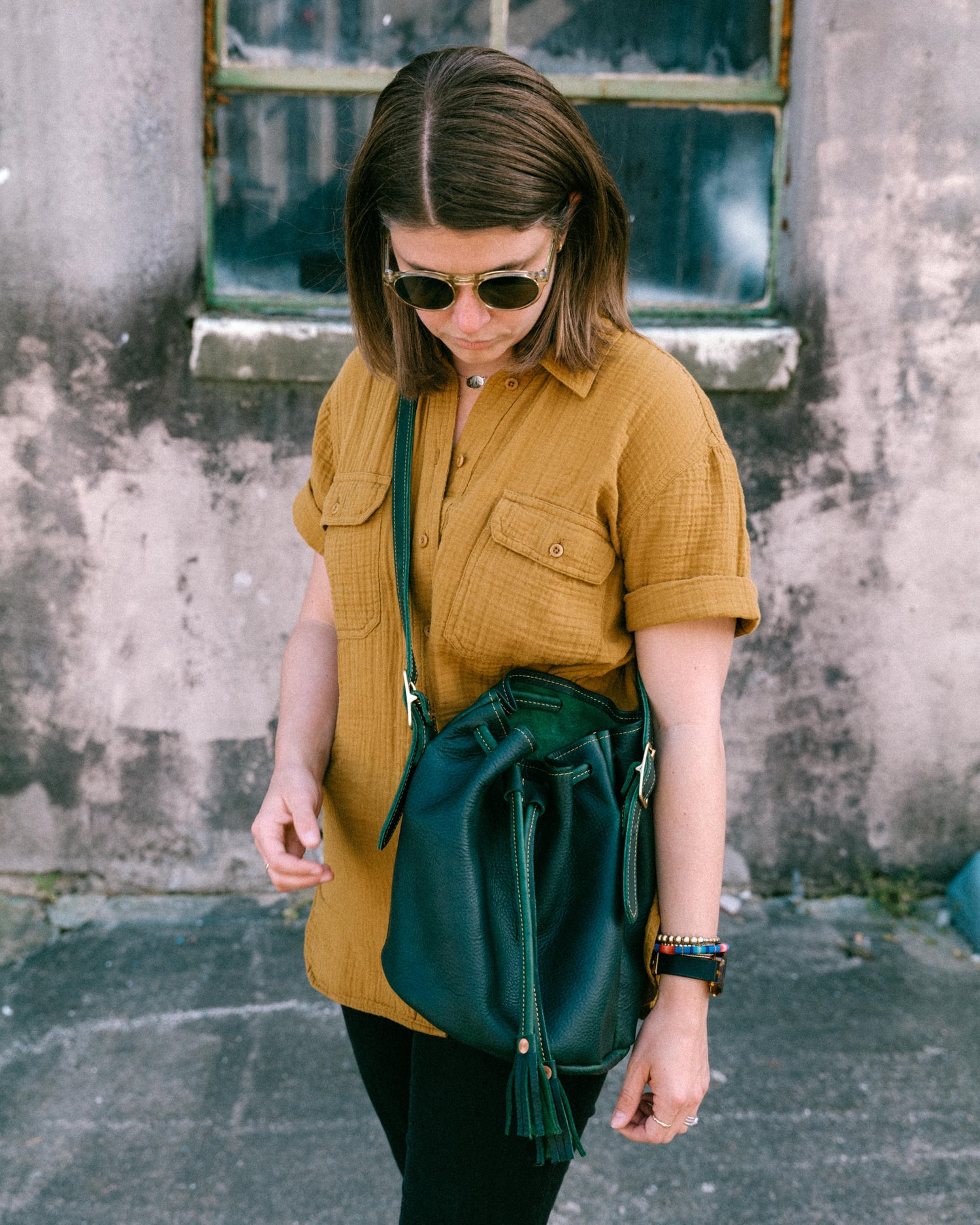 Green leather bucket bag handmade in the USA