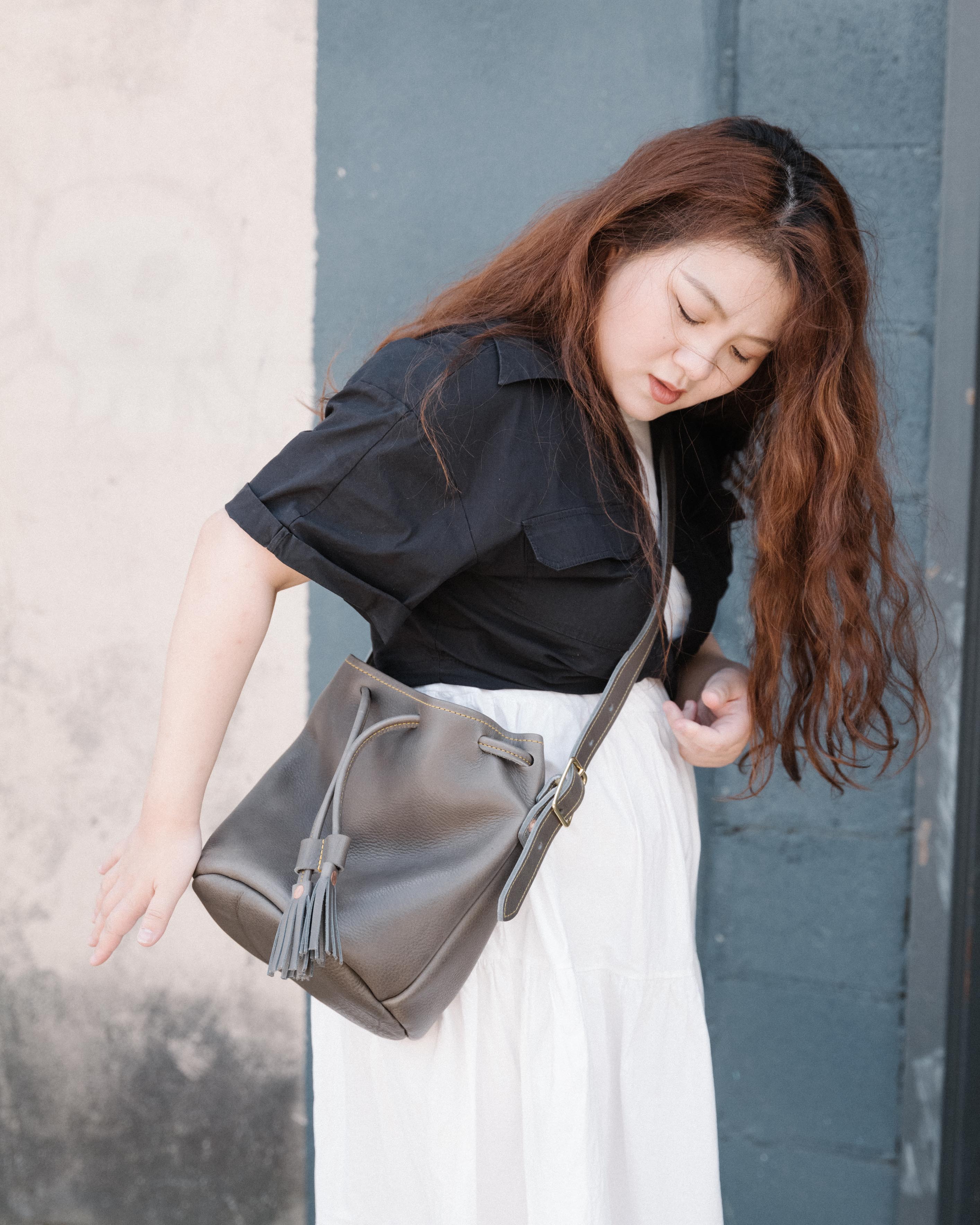 Grey leather bucket bag handmade in the USA