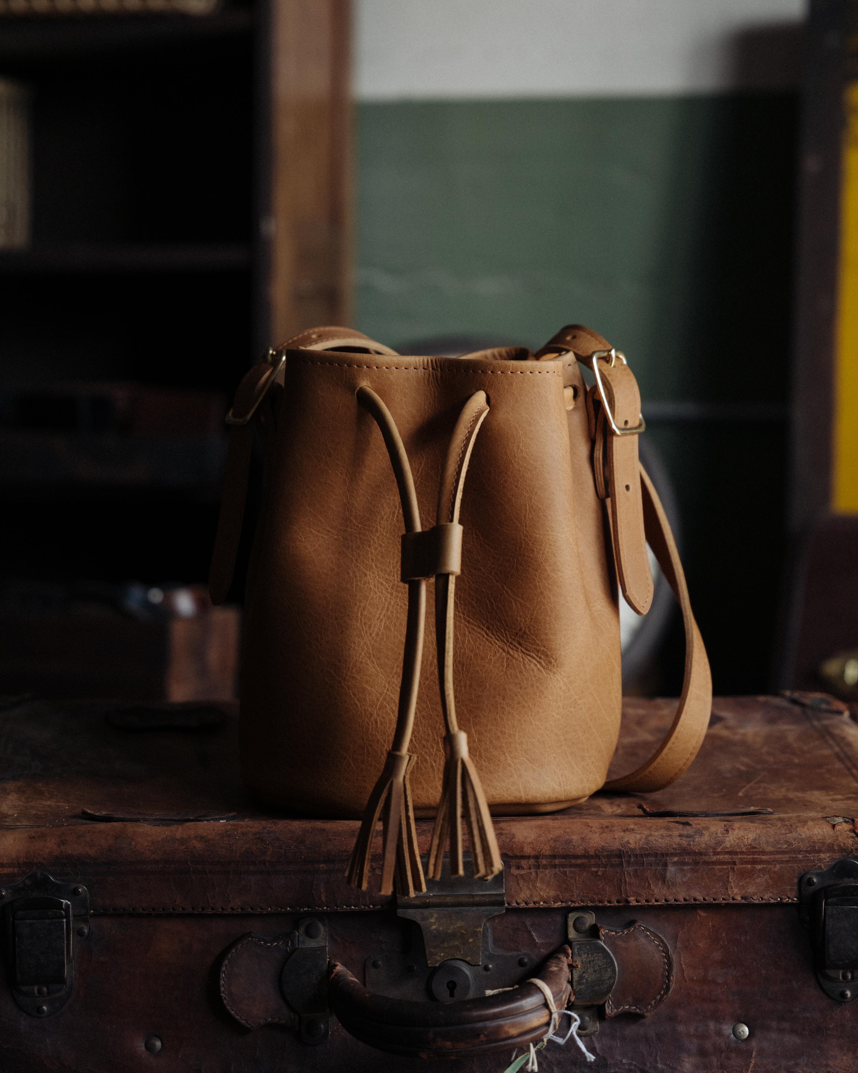 Scratch-and-Dent Natural Bison Bucket Bag