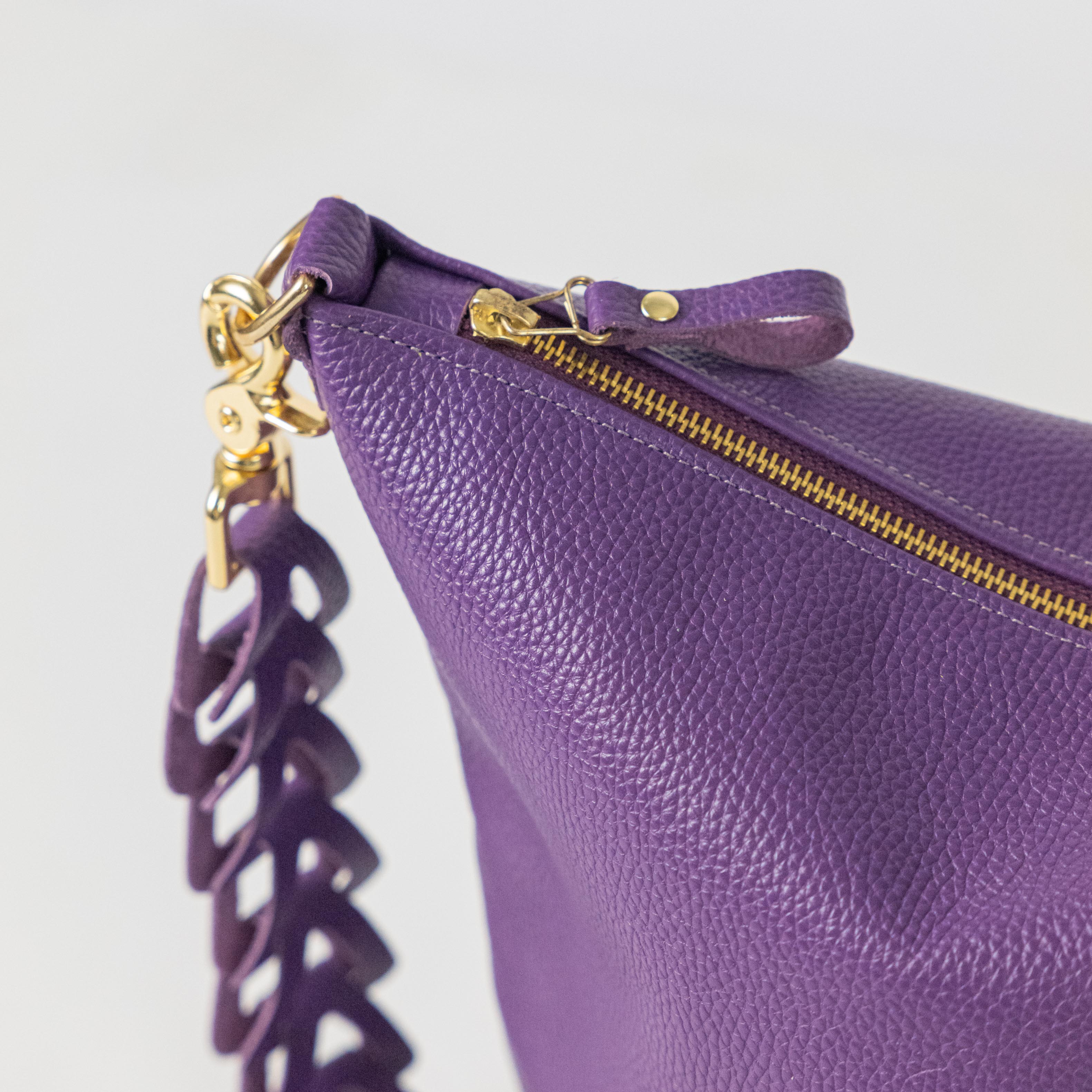 Purple Italian Pebbled Zip-Top Bucket Bag