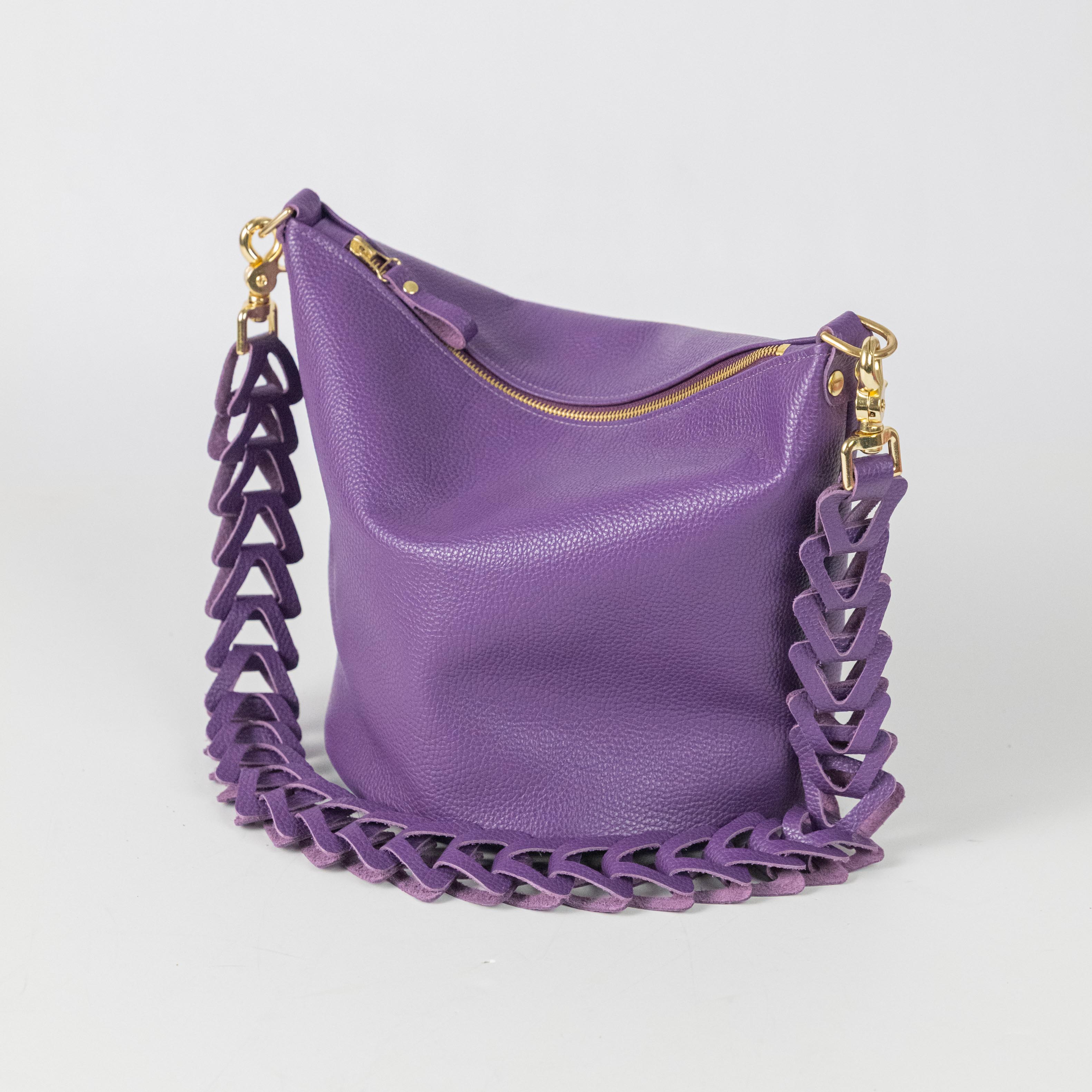 Purple Italian Pebbled Zip-Top Bucket Bag