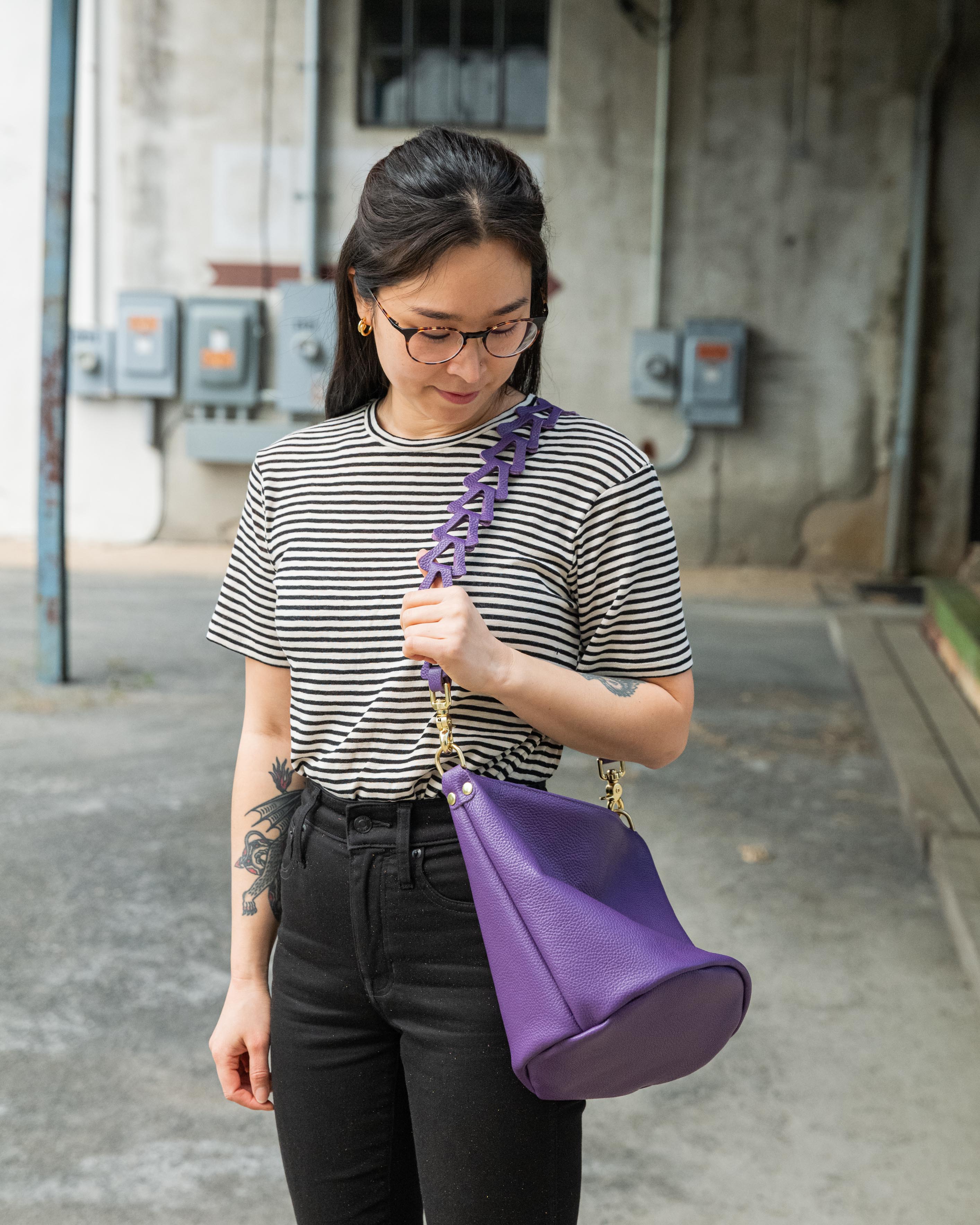 Purple Italian Pebbled Zip-Top Bucket Bag