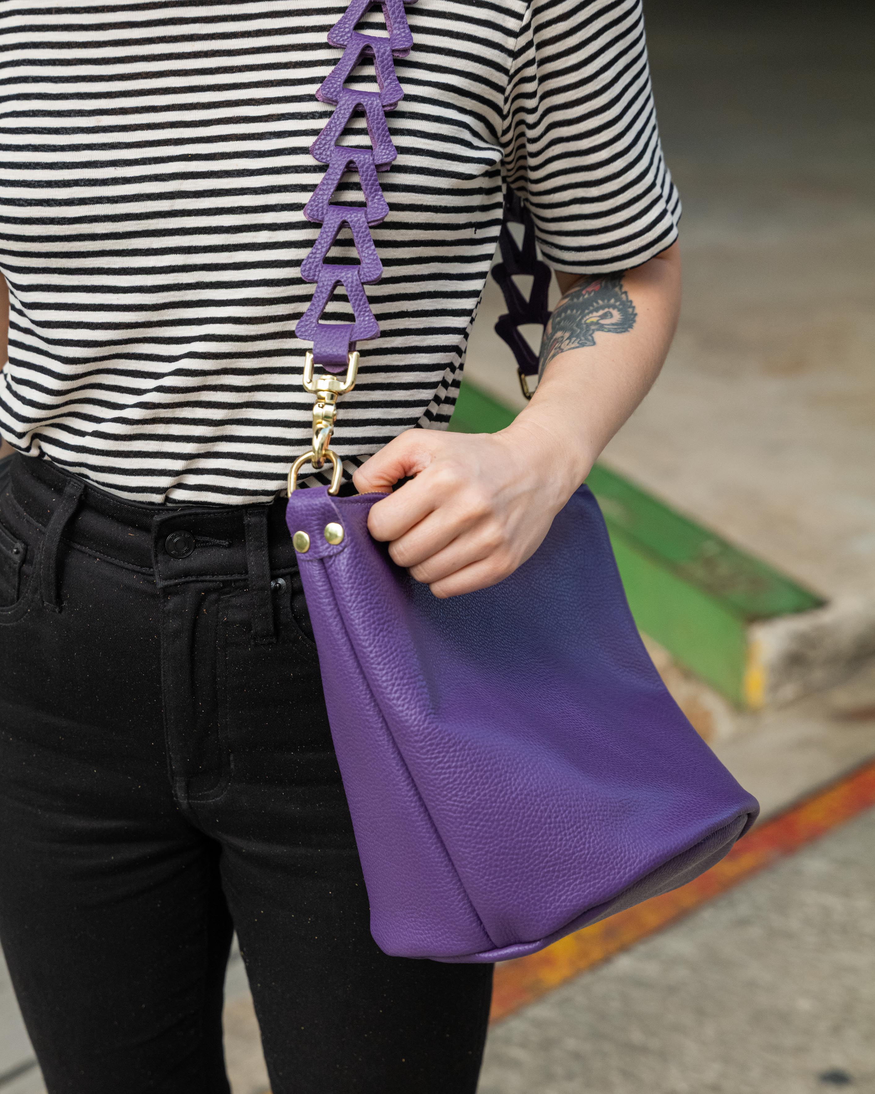 Purple Italian Pebbled Zip-Top Bucket Bag