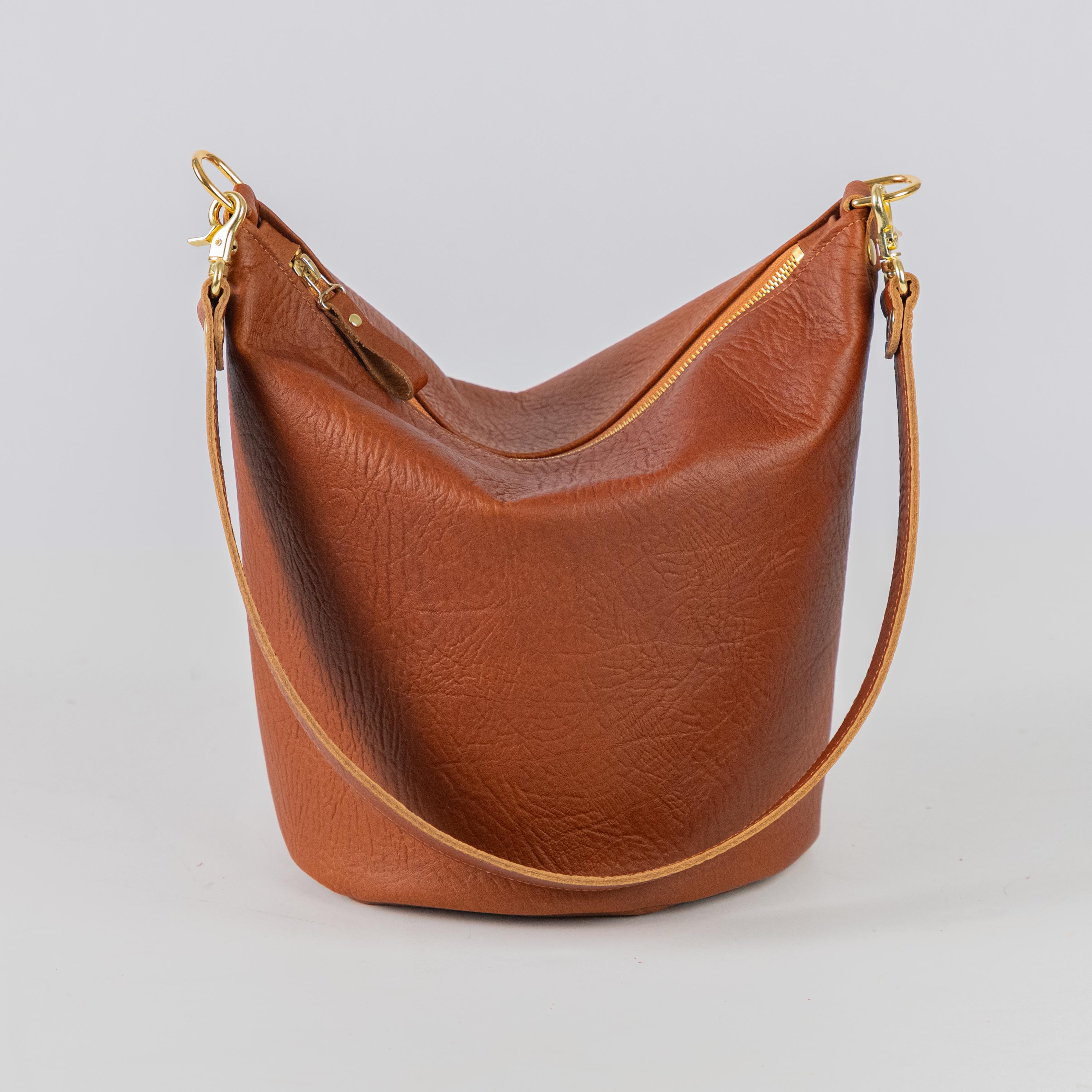 Tan Bison Zip-Top Bucket Bag