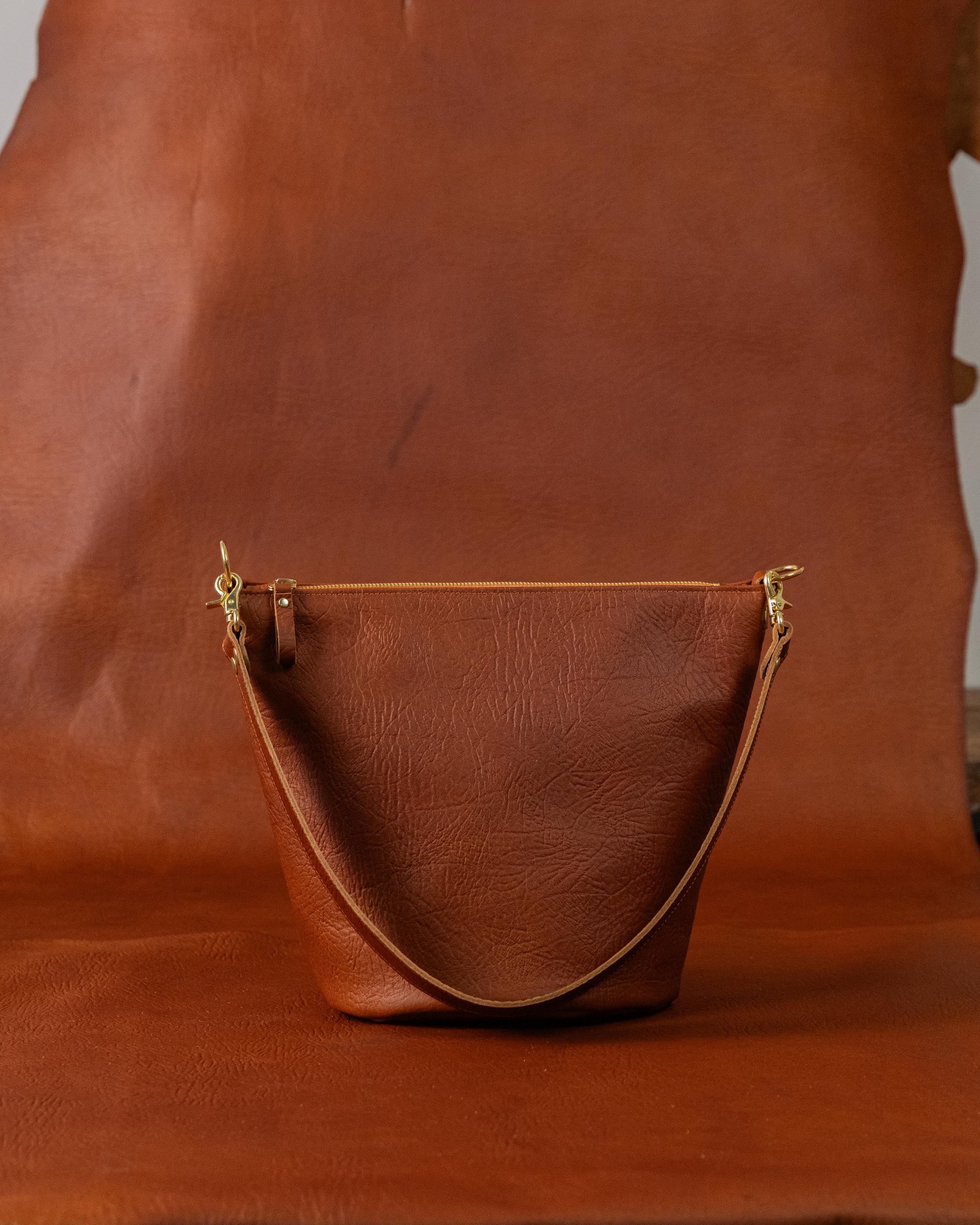 Tan Bison Zip-Top Bucket Bag