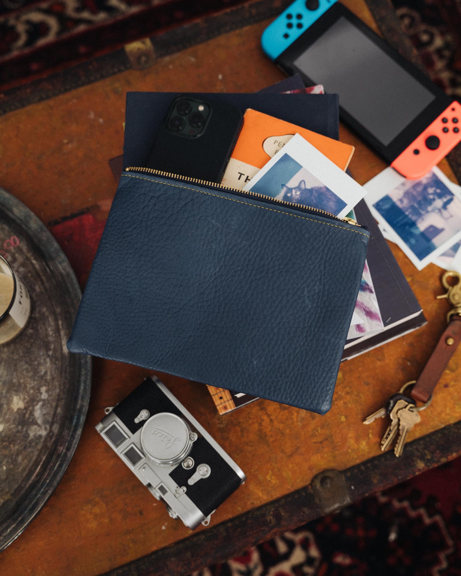 Navy Kodiak Medium Zip Pouch- leather zipper pouch - KMM & Co.