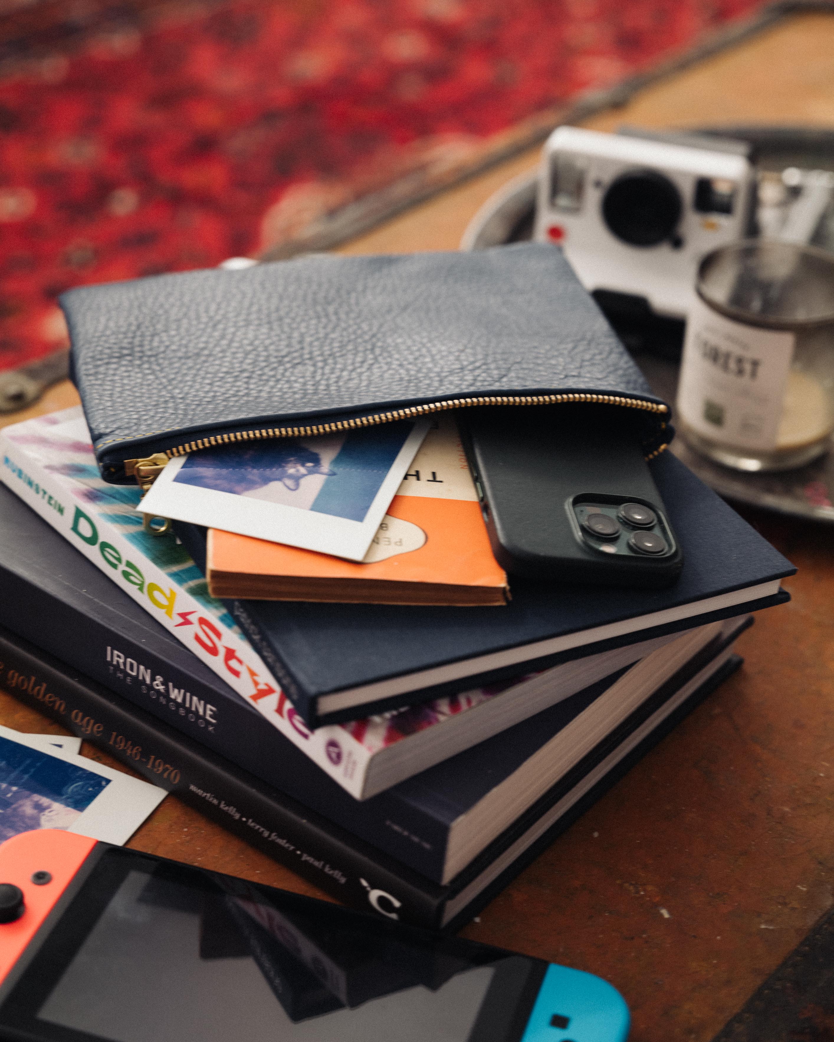 Navy Kodiak Medium Zip Pouch- leather zipper pouch - KMM & Co.
