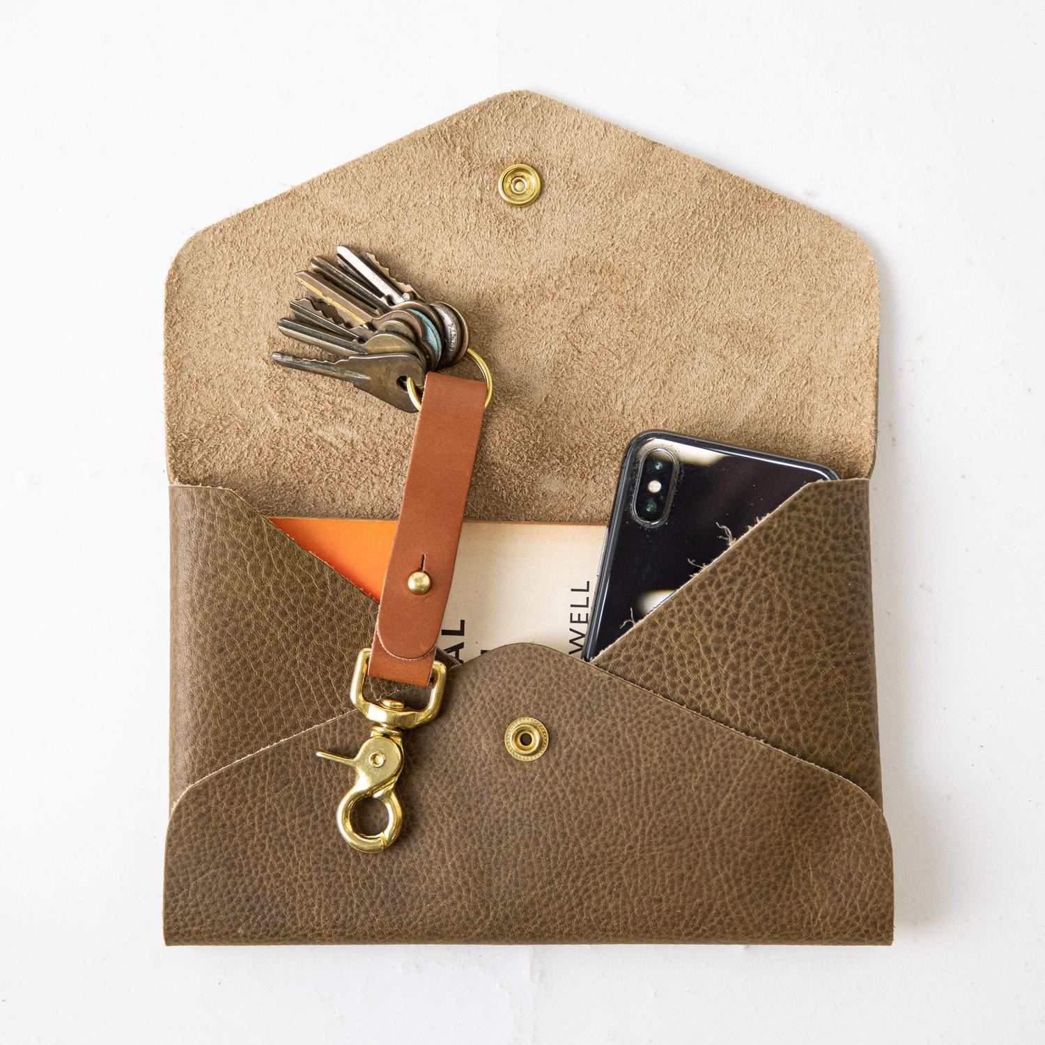Olive Kodiak Envelope Clutch- leather clutch bag - handmade leather bags - KMM & Co.