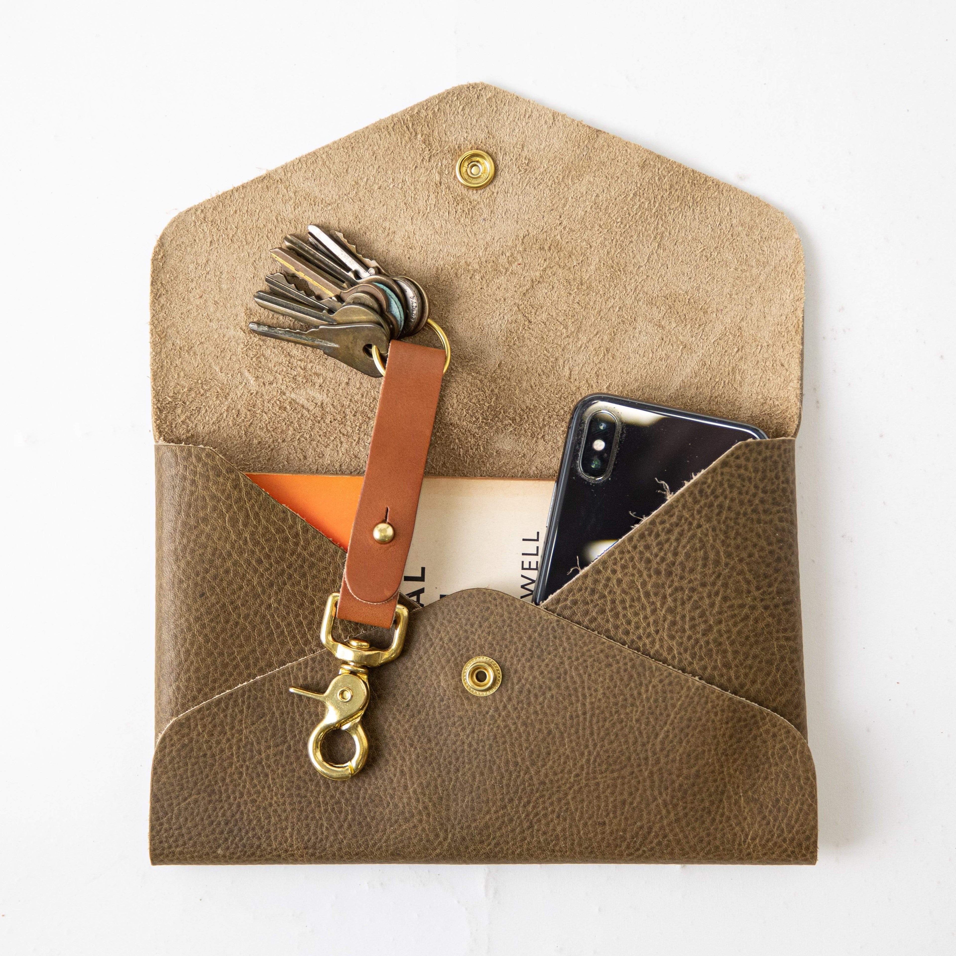 Olive Kodiak Envelope Clutch- leather clutch bag - handmade leather bags - KMM & Co.
