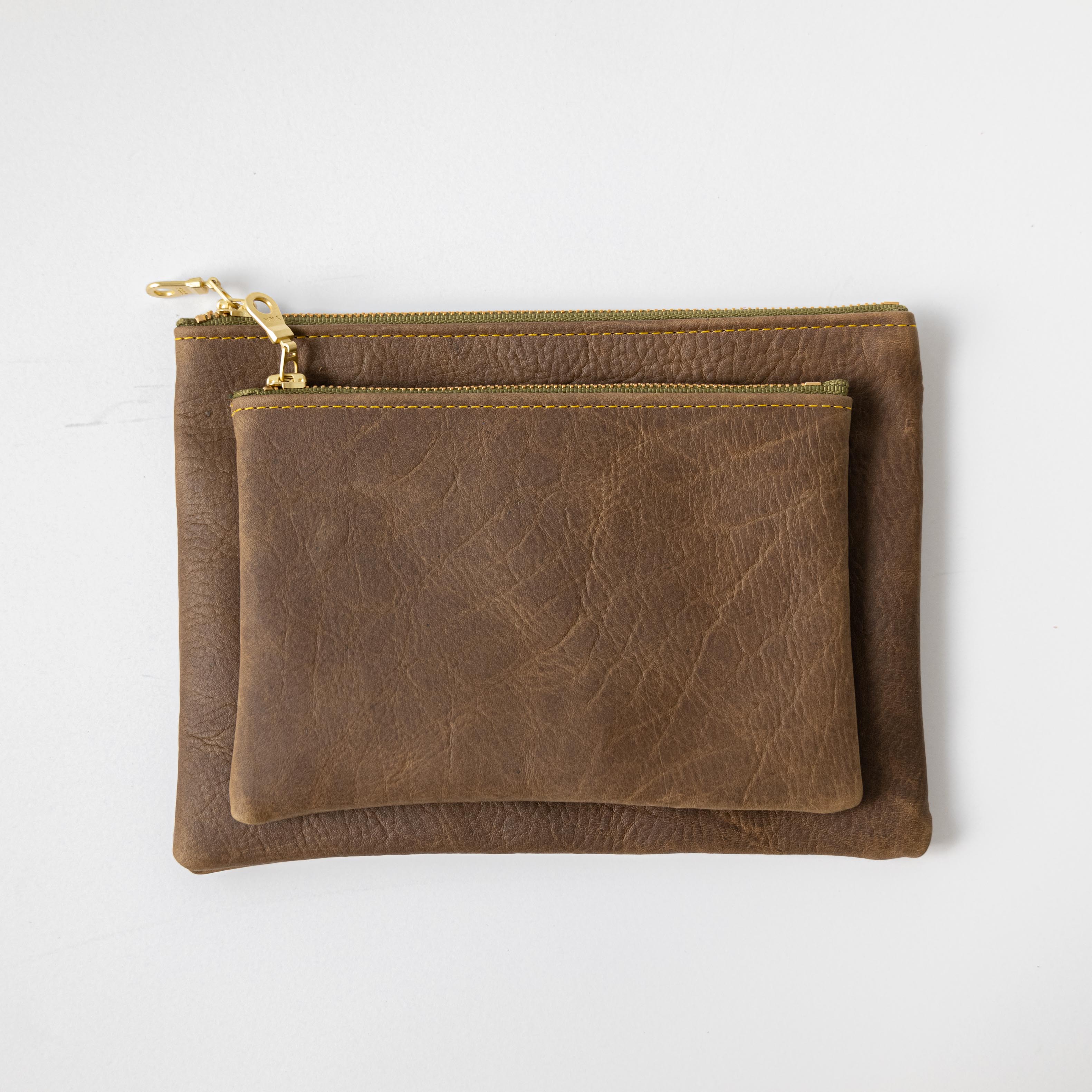 Olive Kodiak Medium Zip Pouch- leather zipper pouch - KMM &amp; Co.