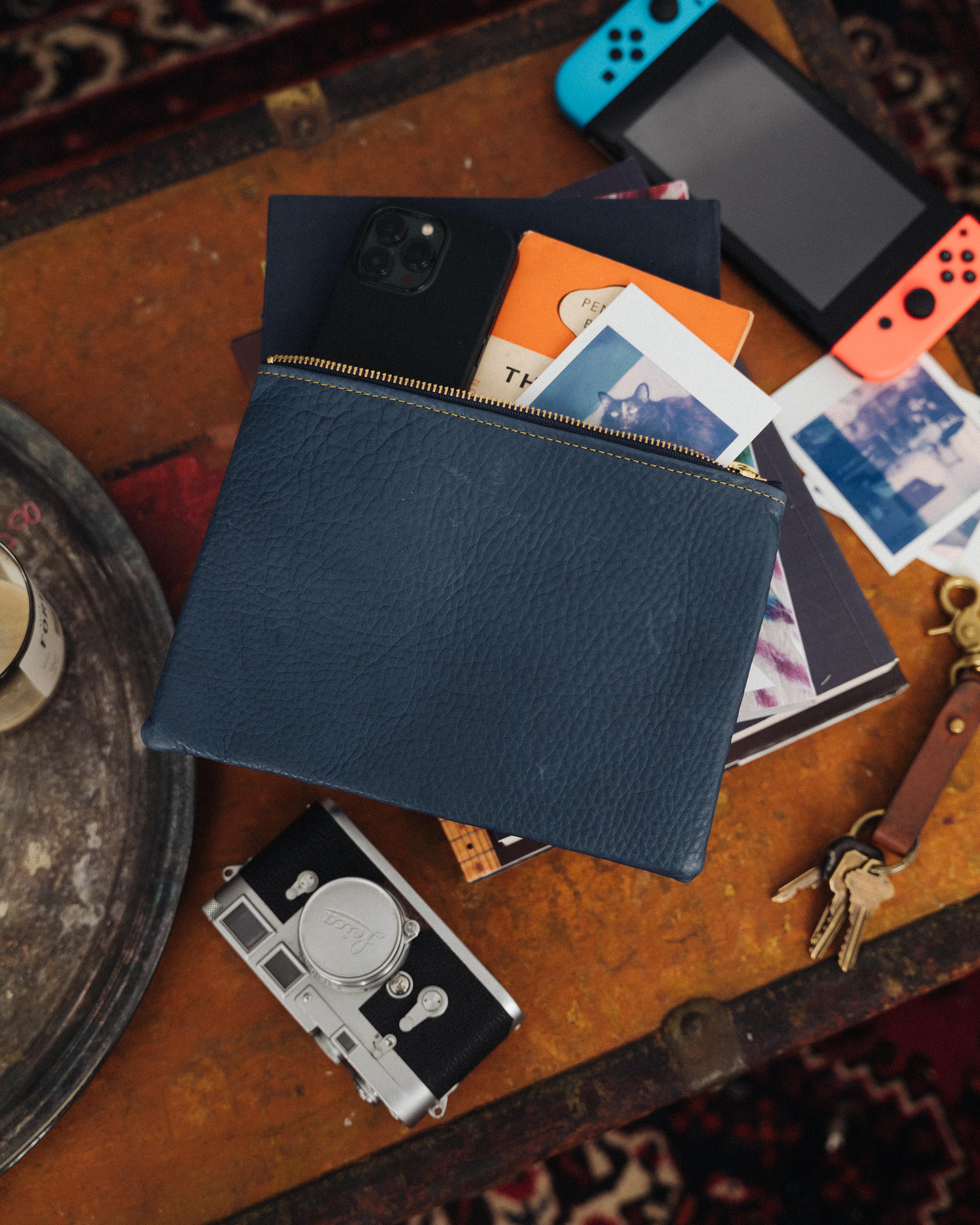 Petrol Blue Bison Medium Zip Pouch- leather zipper pouch - KMM & Co.