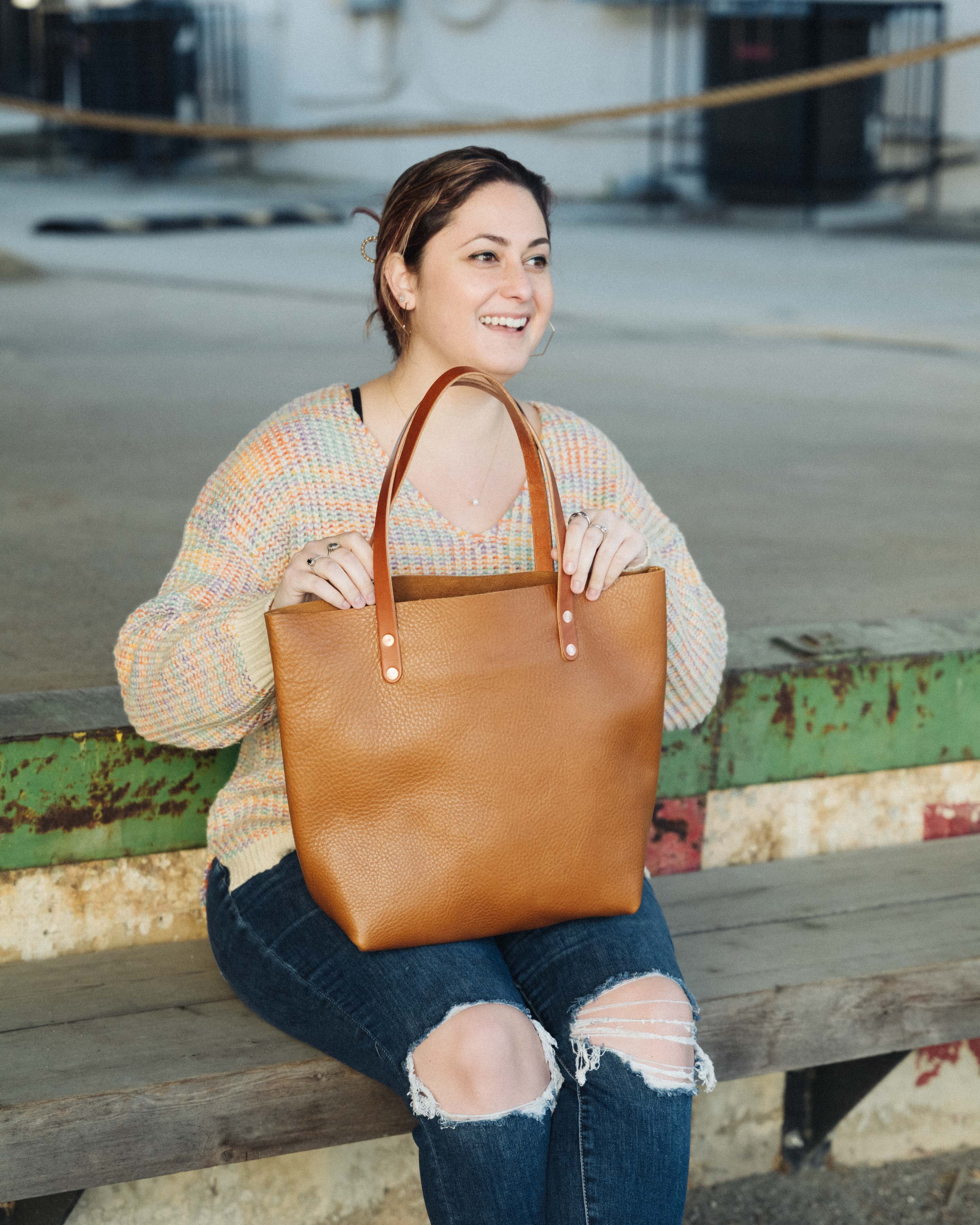 Scratch-and-Dent Cognac Cypress Tote- cognac tote bag handmade in America