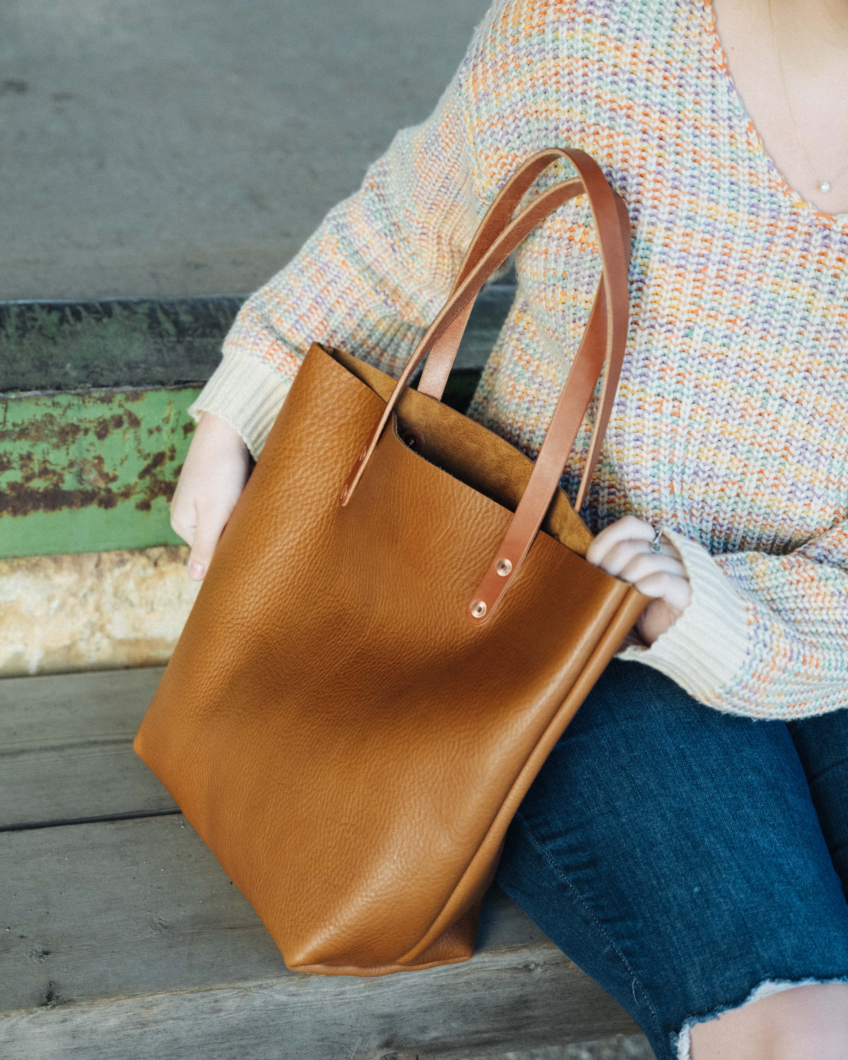 Scratch-and-Dent Cognac Cypress Tote- cognac tote bag handmade in America