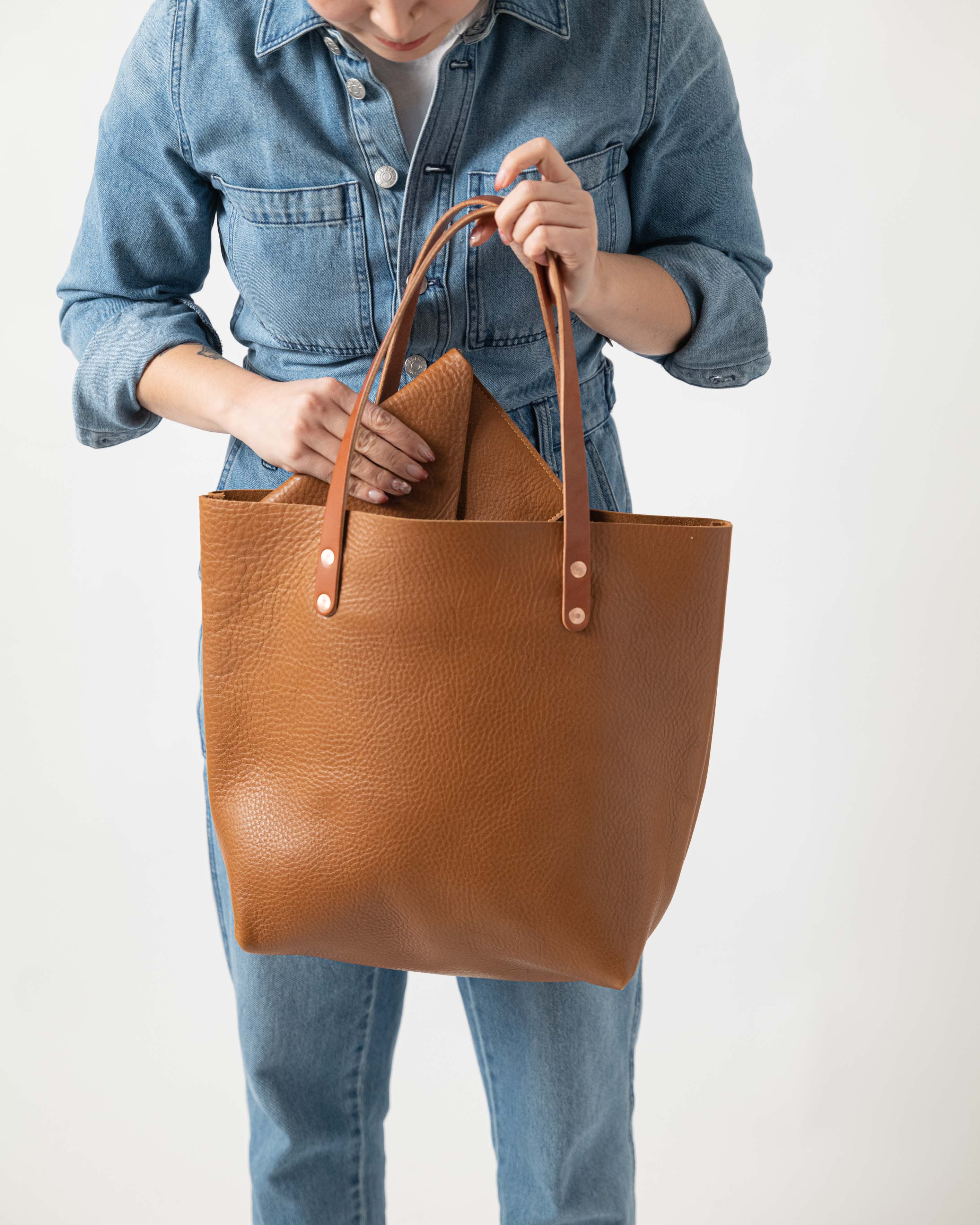 Scratch-and-Dent Cognac Cypress Tote- cognac tote bag handmade in America