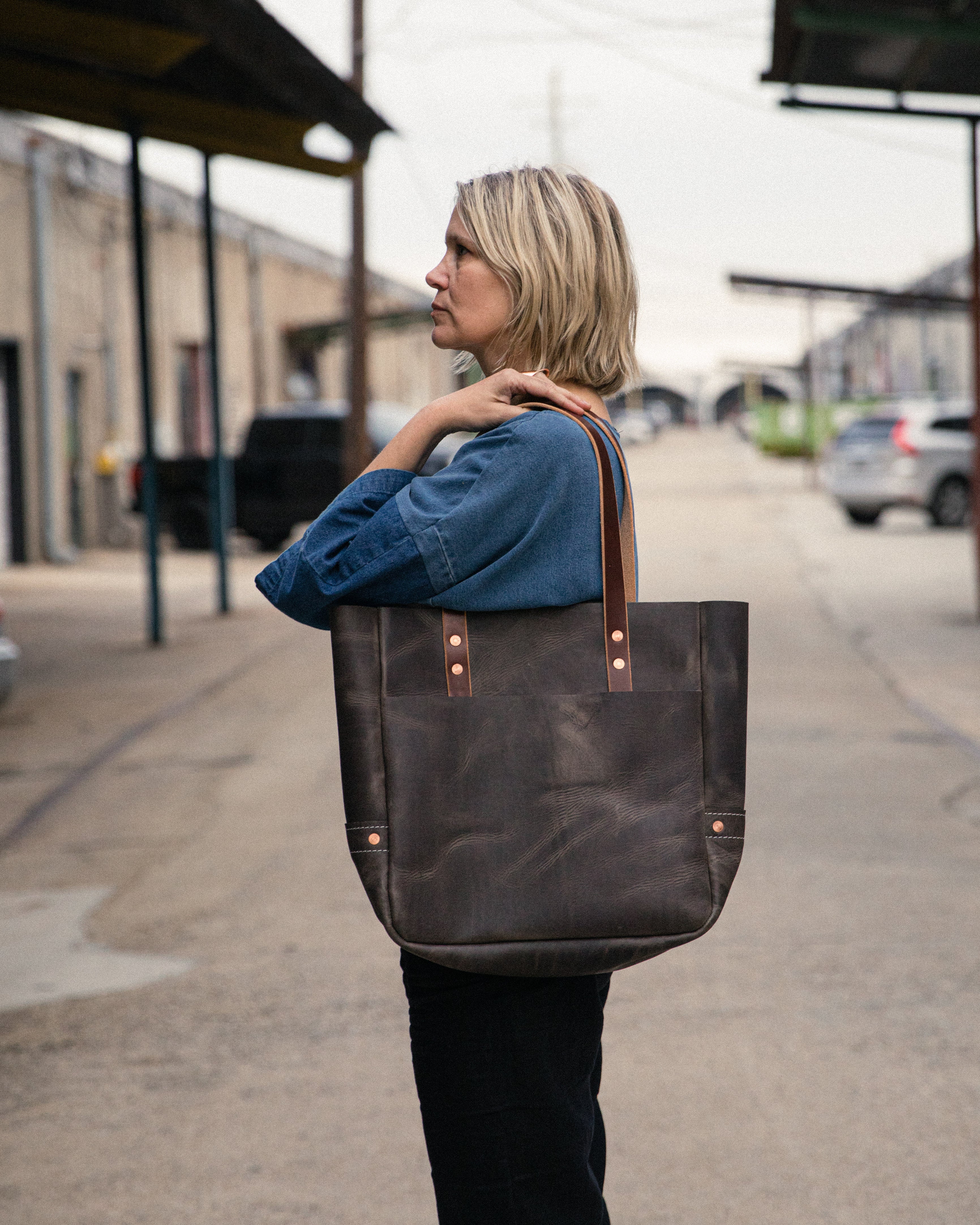 grey large leather tote bag