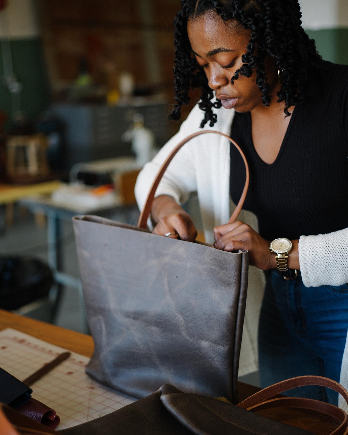 Grey leather tote bag