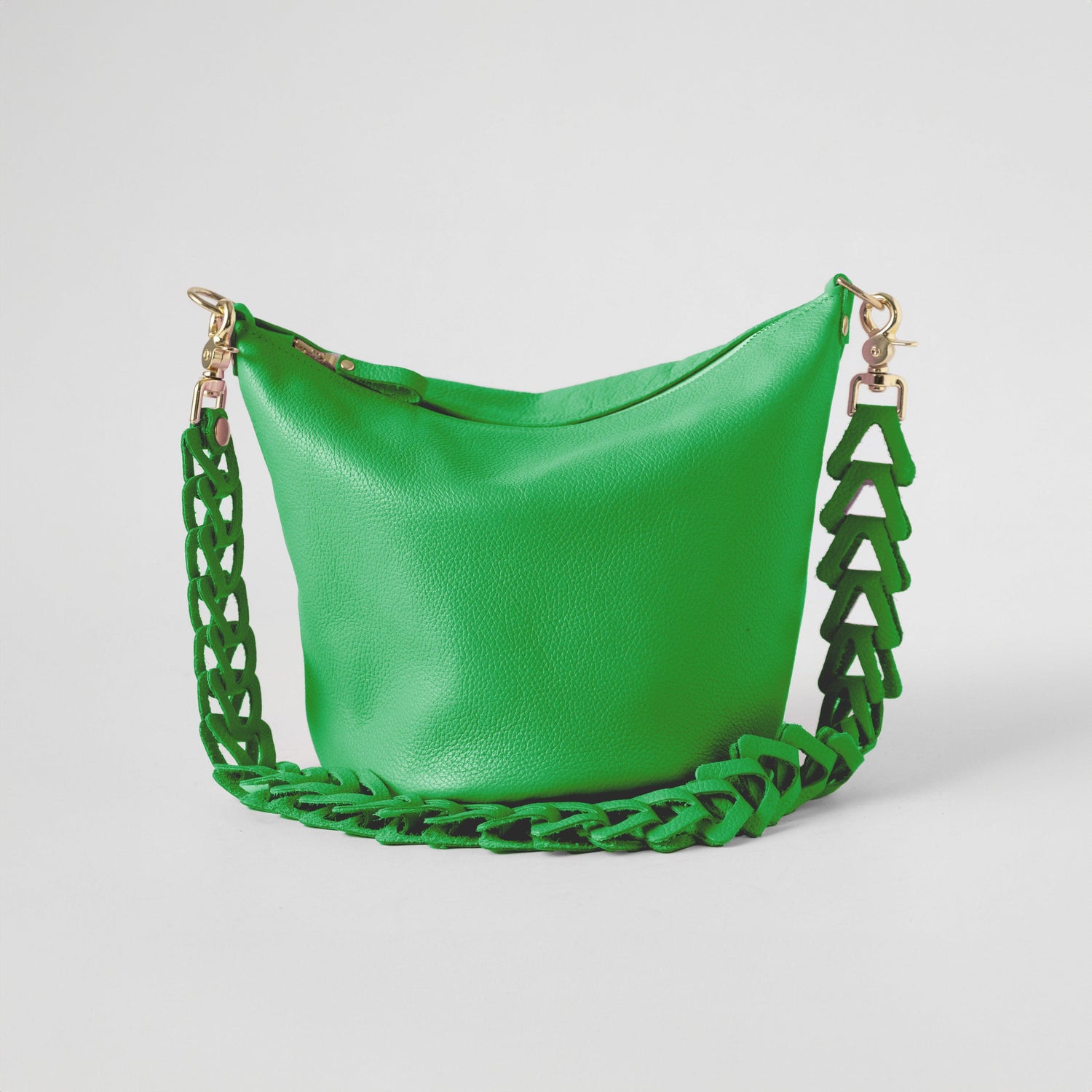Bright Green Italian Pebbled Mini Zip-Top Bucket Bag
