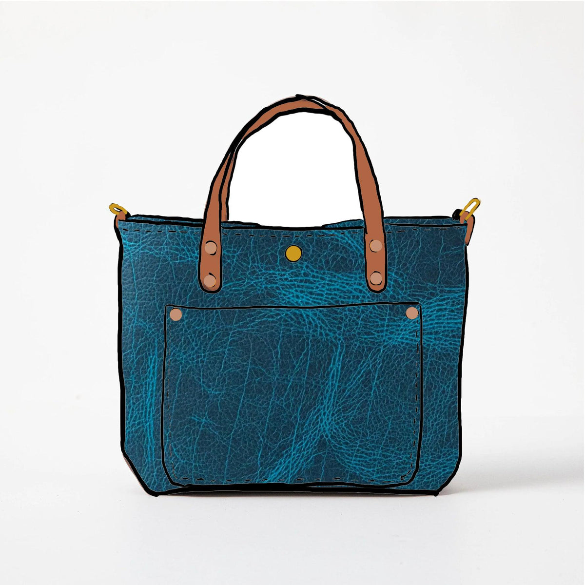 Petrol Blue Bison mini travel tote featuring vibrant textured leather, durable tan handles, and a convenient front pocket.