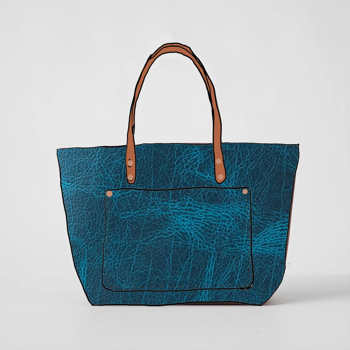 Petrol Blue Bison leather market tote with a vibrant grain, spacious design, and durable tan leather handles.