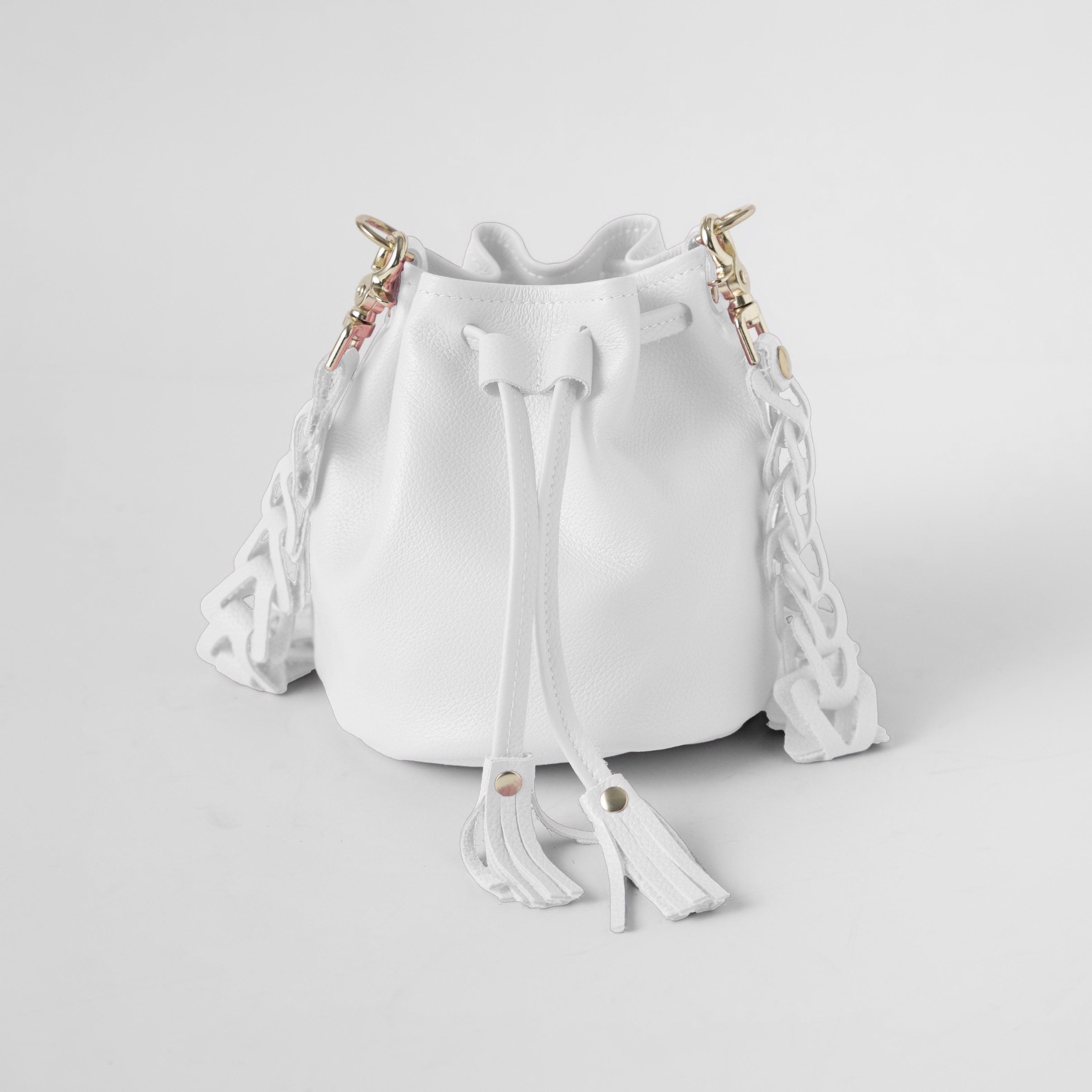White Italian Pebbled Mini Bucket Bag
