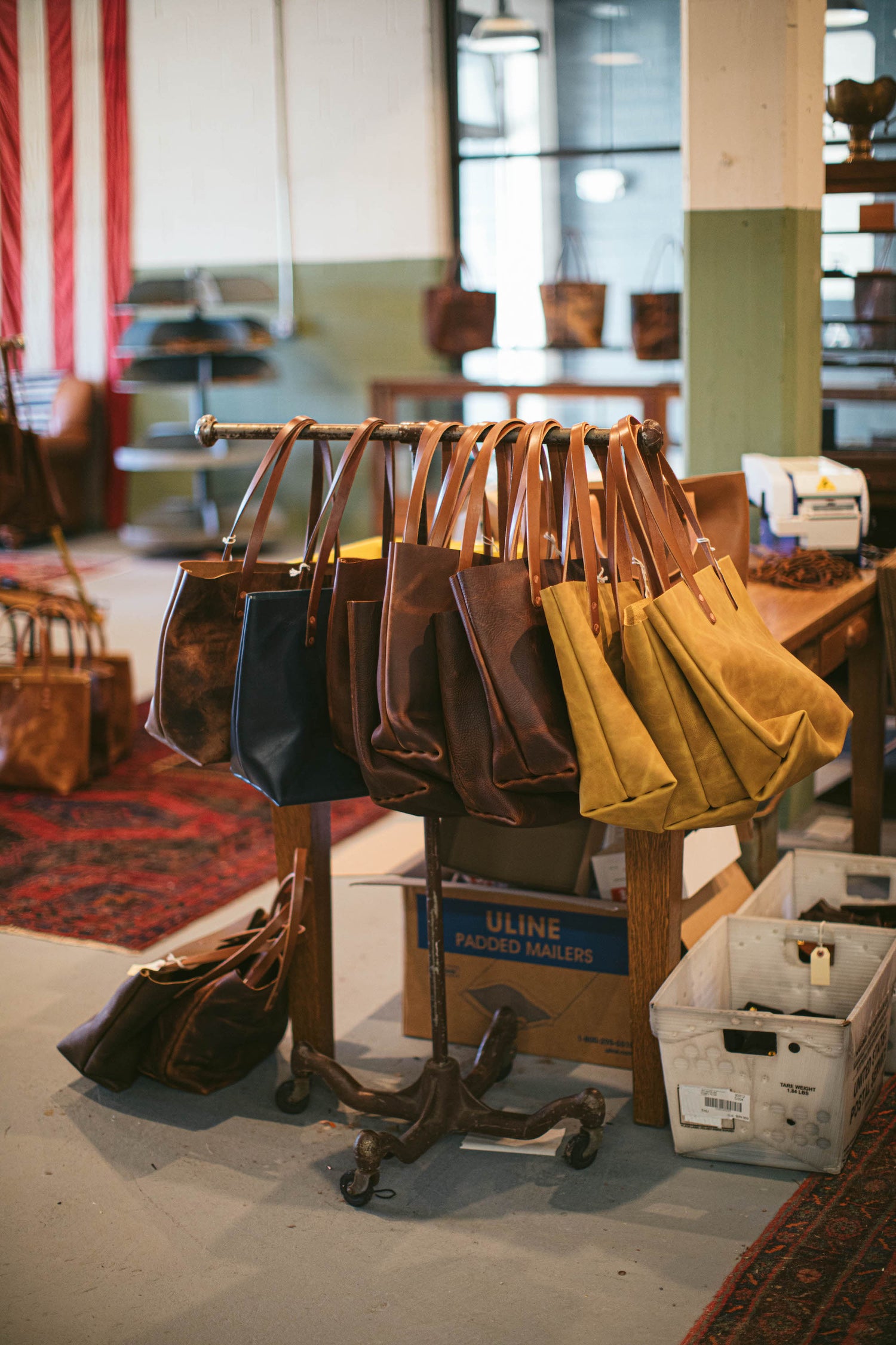 Leather tote bags ready to ship from the KMM & Co. studio
