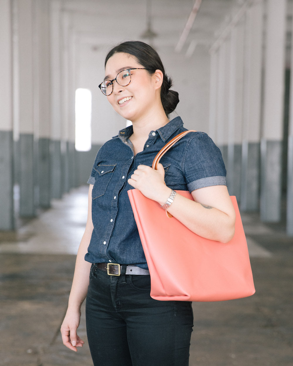 Coral Pink leather tote bag | handmade leather totes