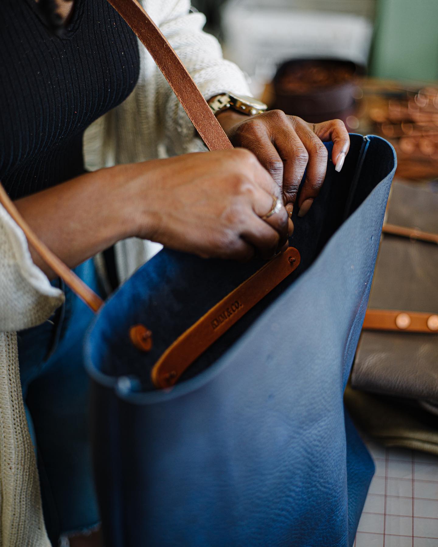 Navy Kodiak leather tote bag | leather totes made in the USA