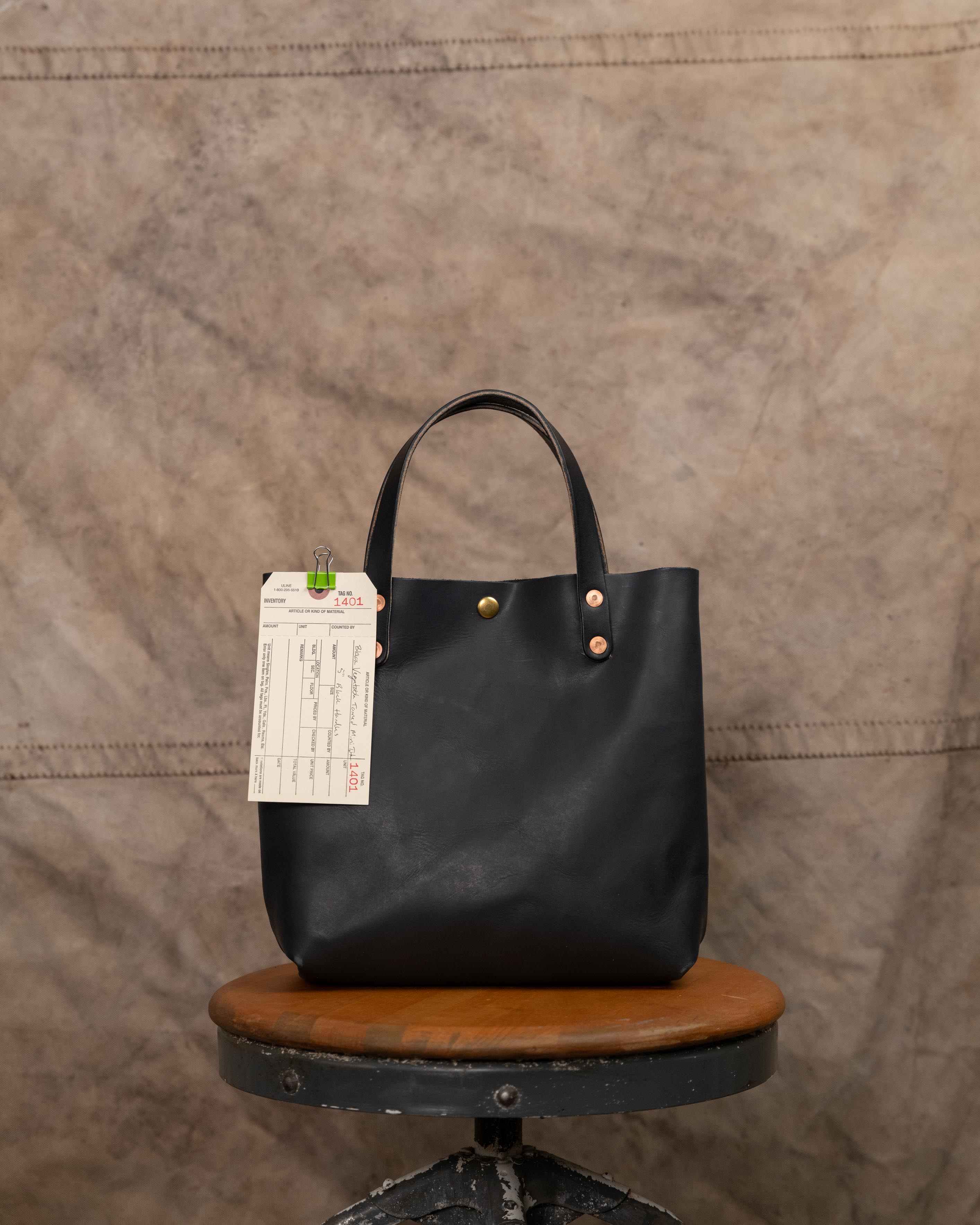 1401 Black Vegetable Tanned Mini Tote 5” Black Handles