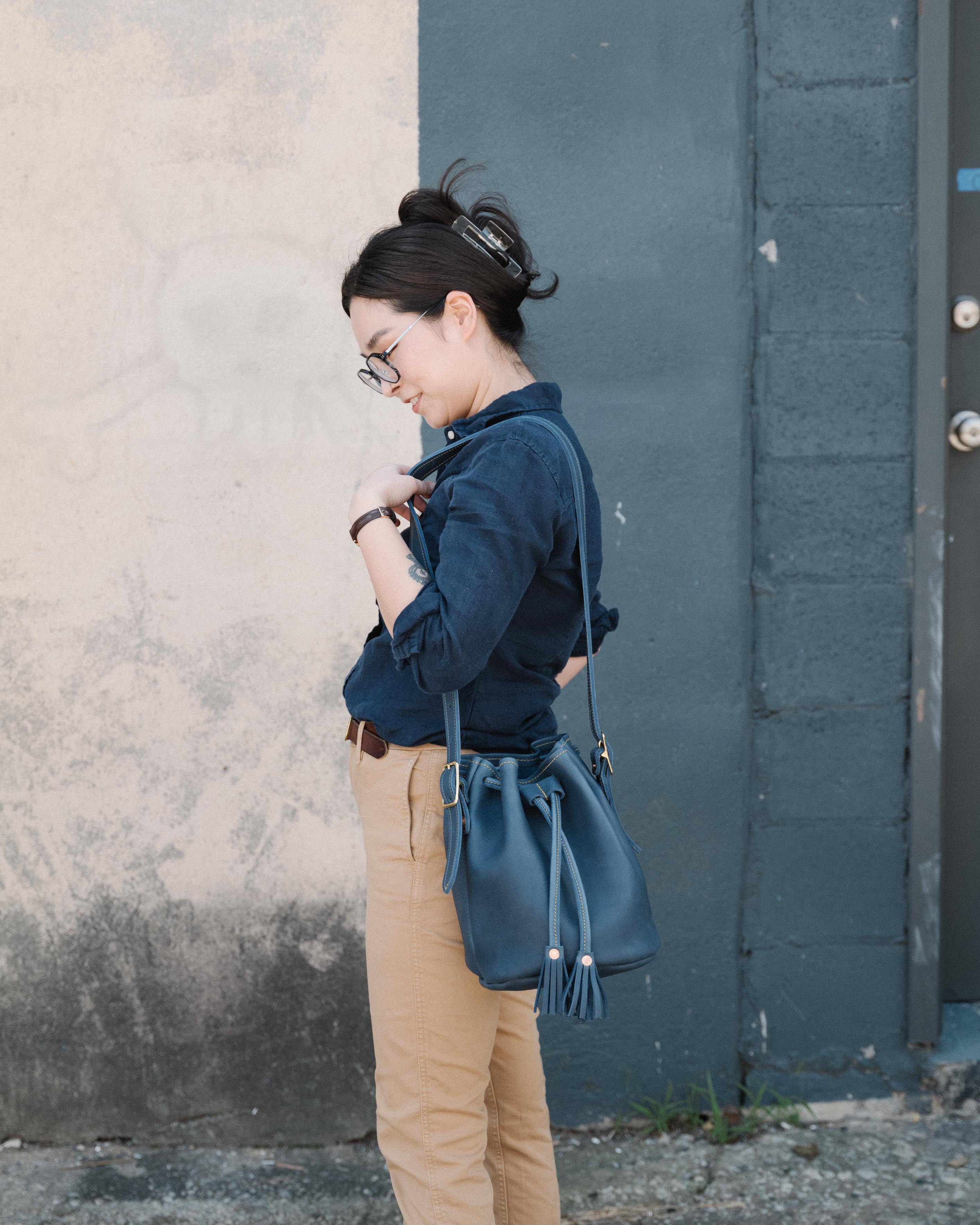 Blue leather bucket bag handmade in the USA