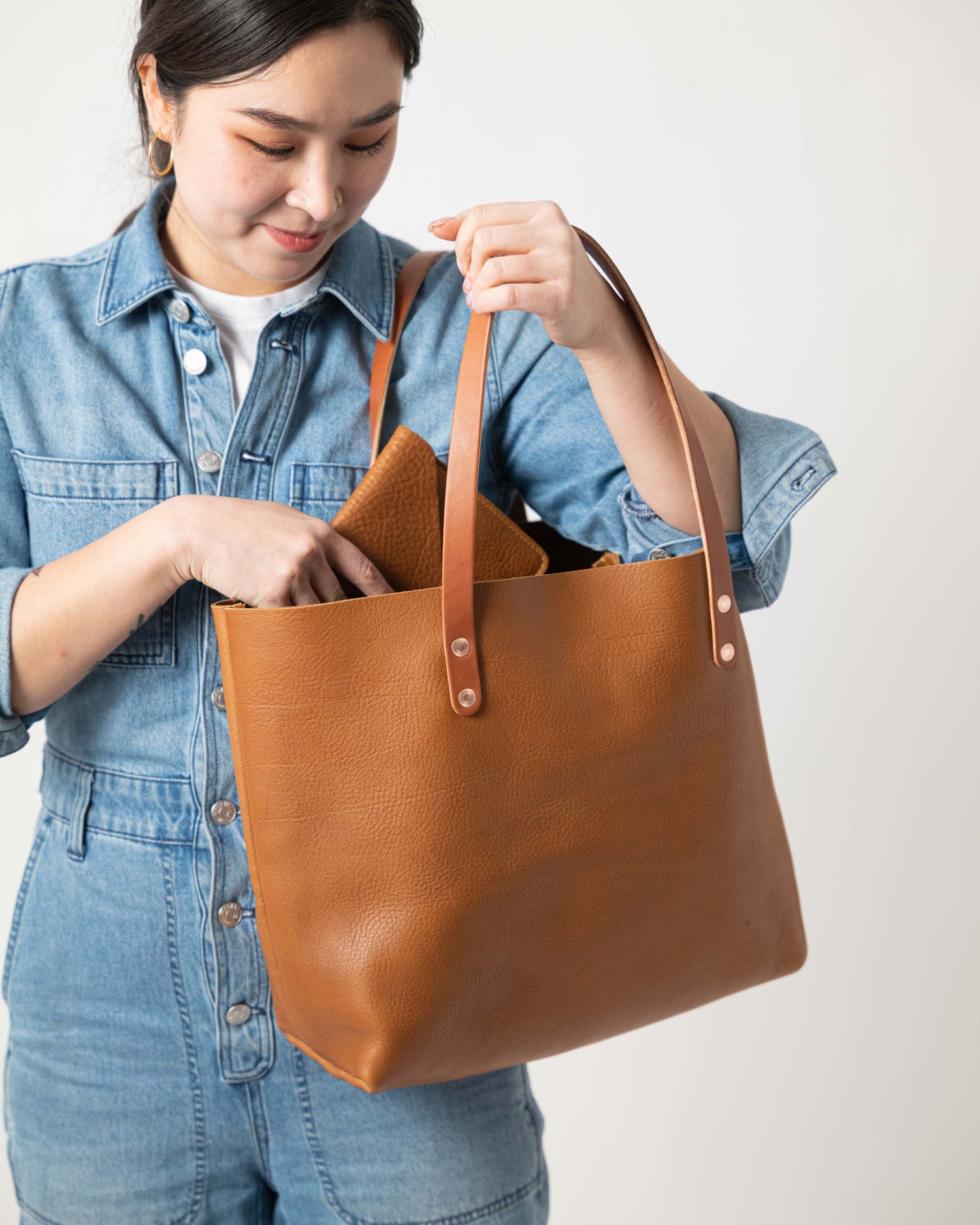 Cognac Cypress East West Tote- cognac tote bag handmade in America