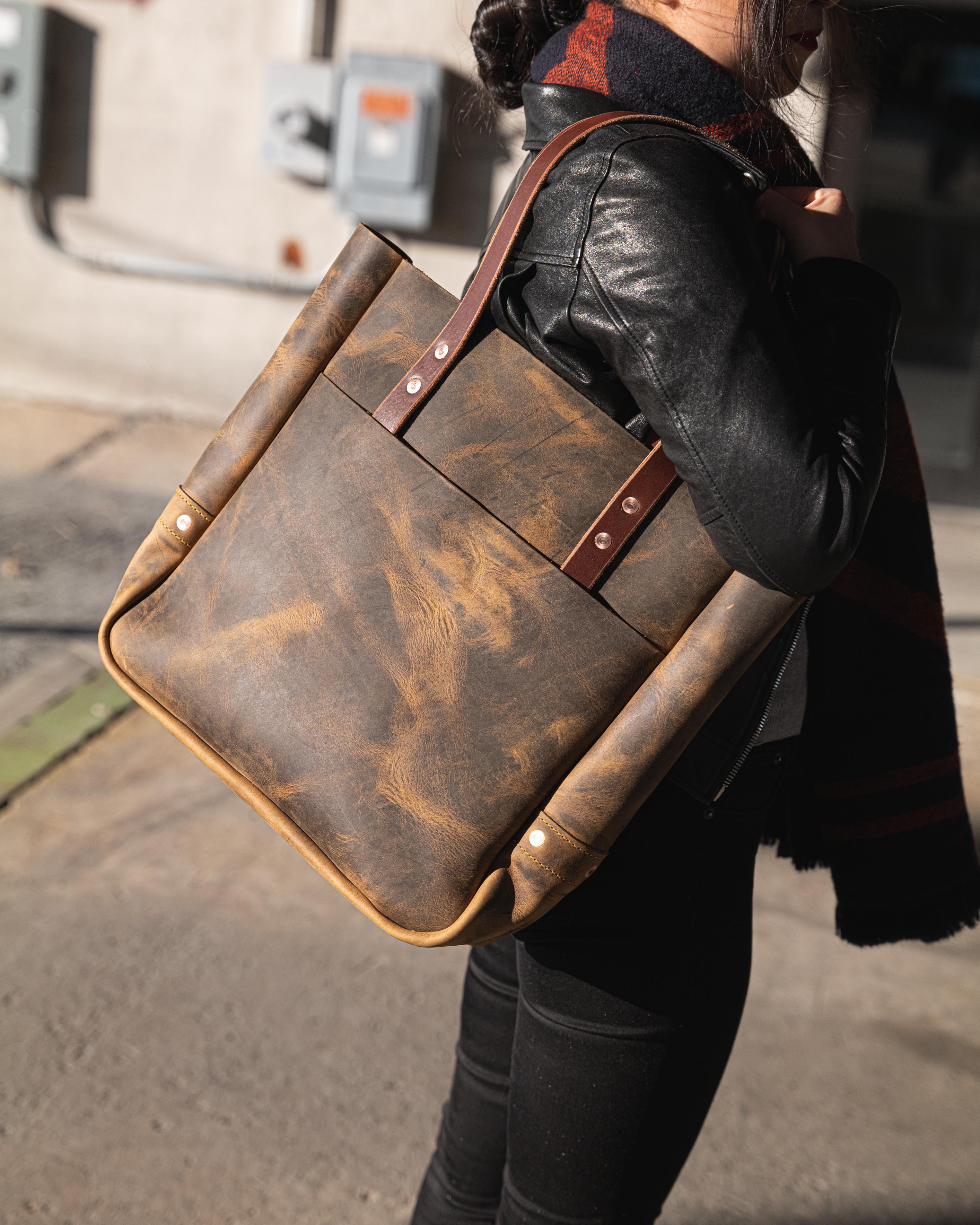 brown large leather tote bag