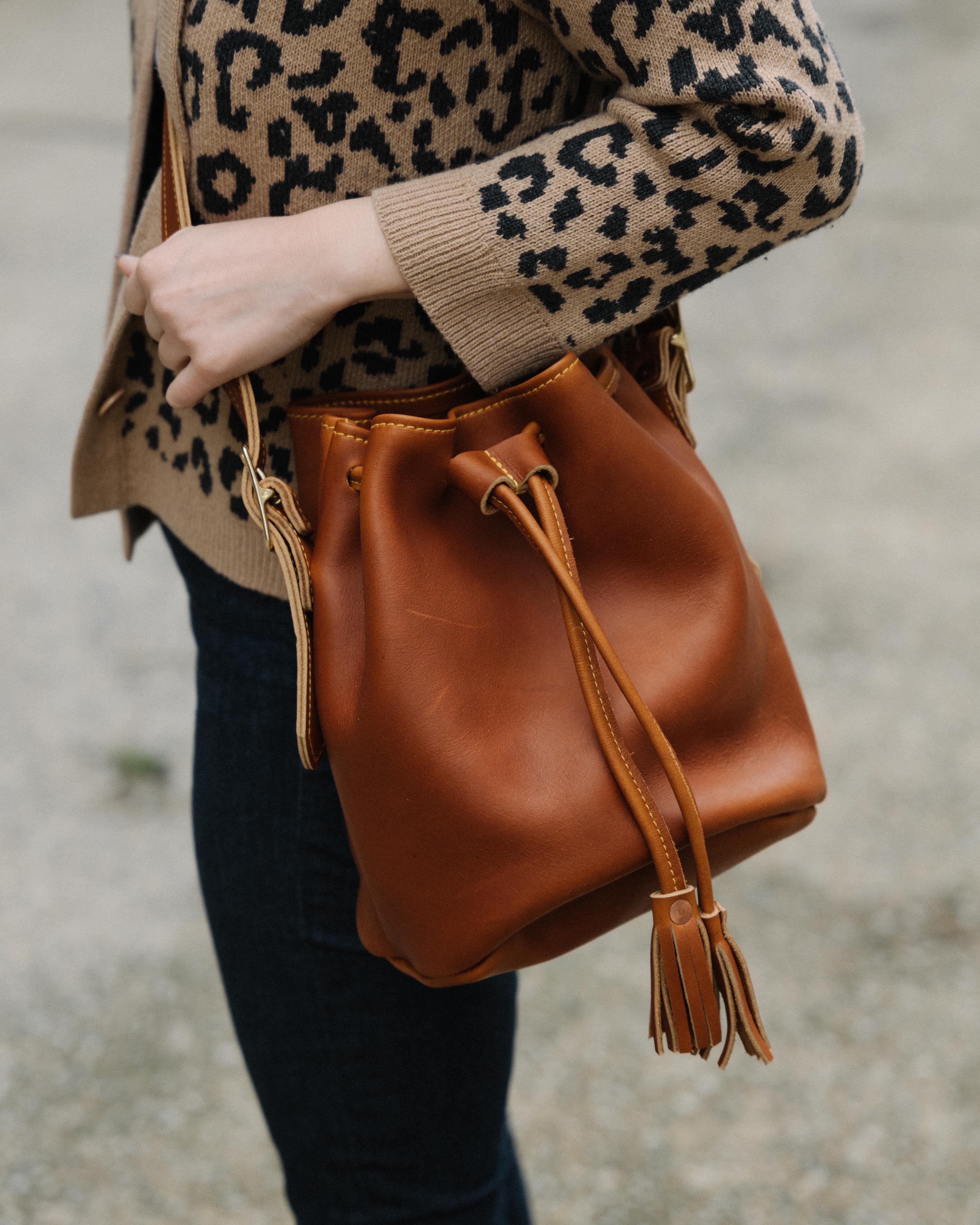 Cognac leather bucket bag handmade in the USA