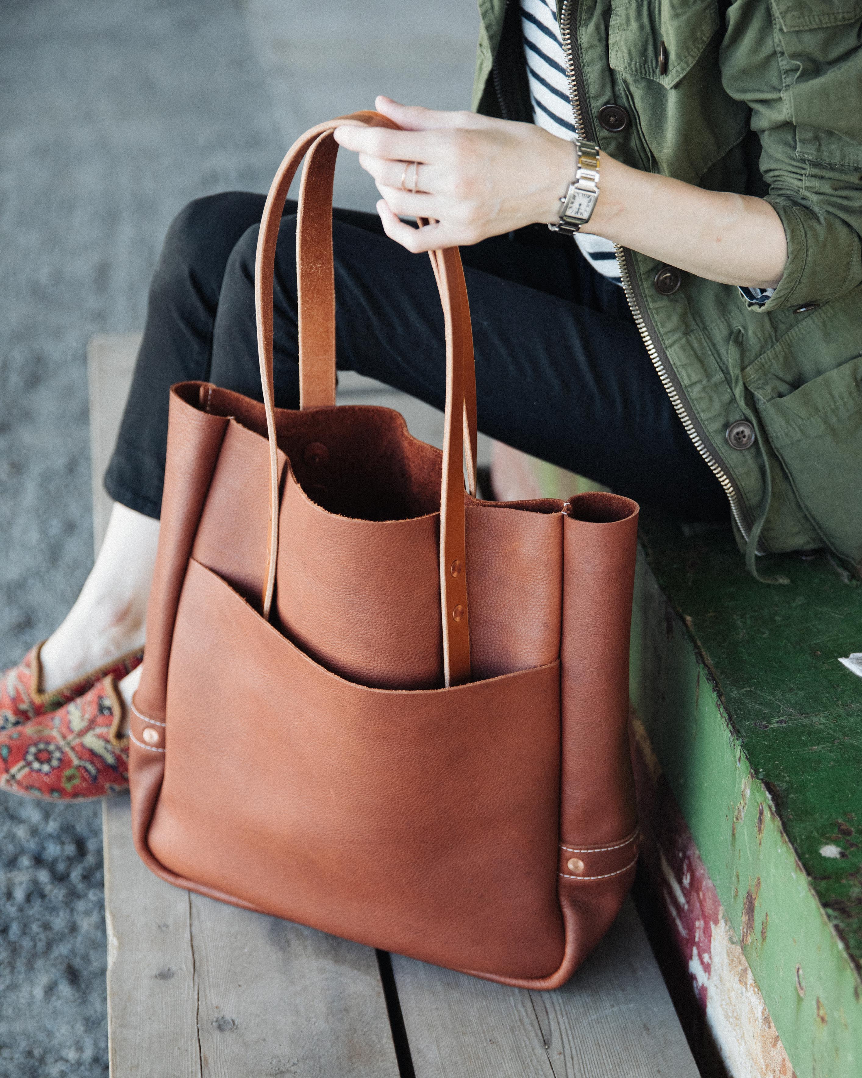 Leather tote bag online with pockets