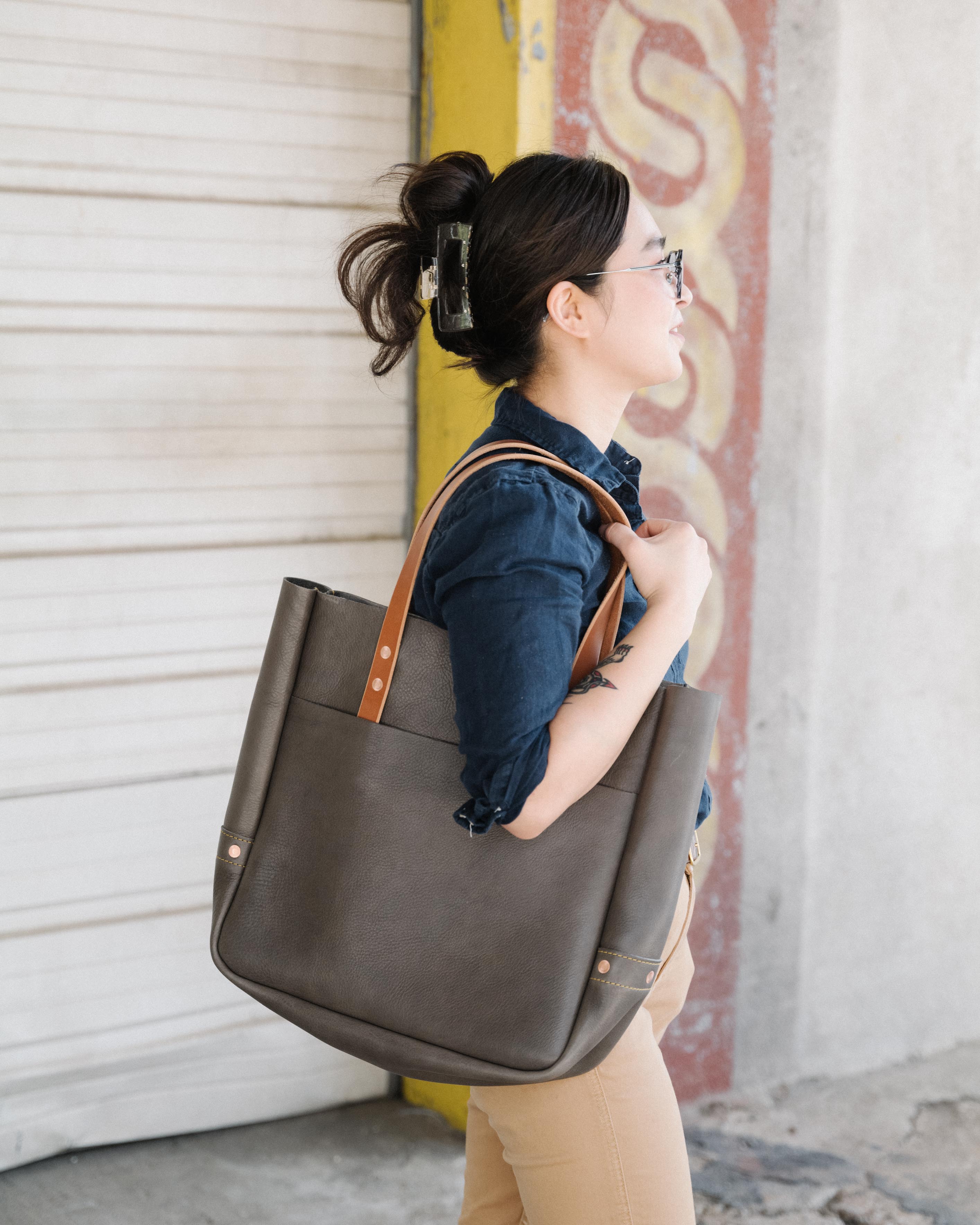 grey large leather tote bag