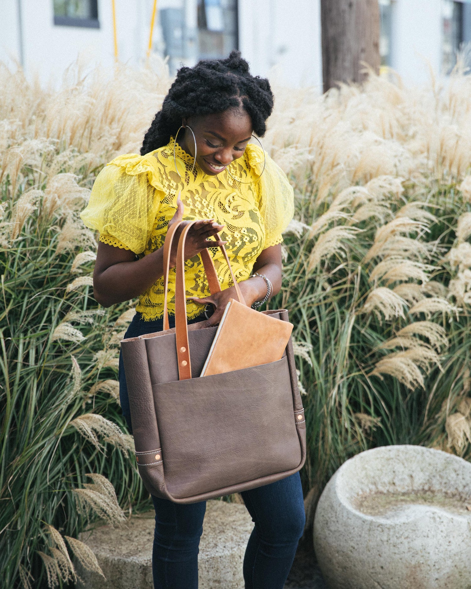 grey large leather tote bag