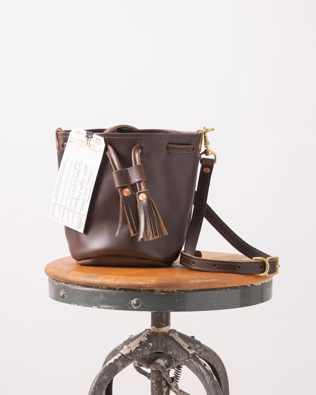 0985 Brown Cavalier Mini Bucket Bag with two ply strap