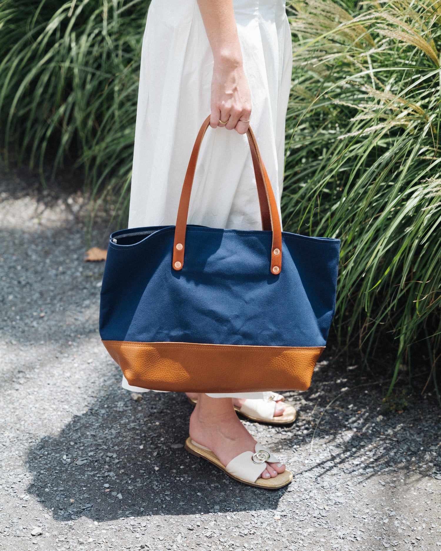 Navy Canvas East West Panel Tote