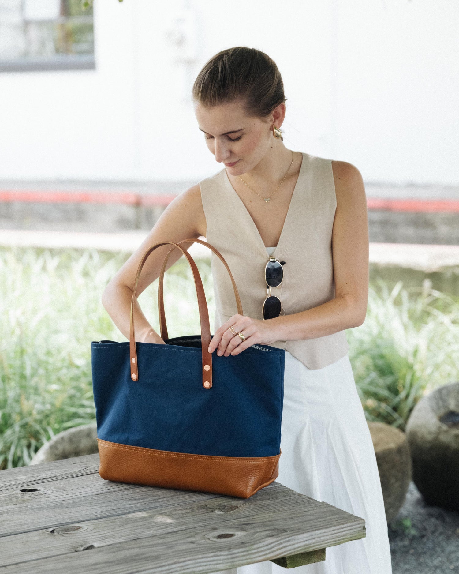 Studio Green and Natural Canvas East West Panel Tote