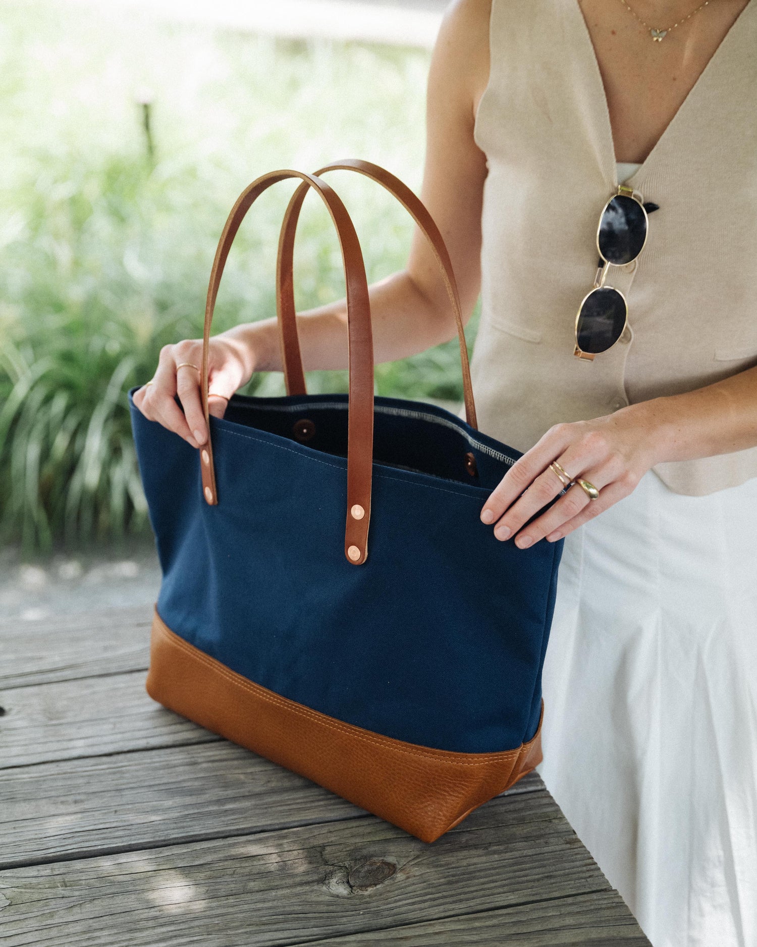 Studio Green and Natural Canvas East West Panel Tote