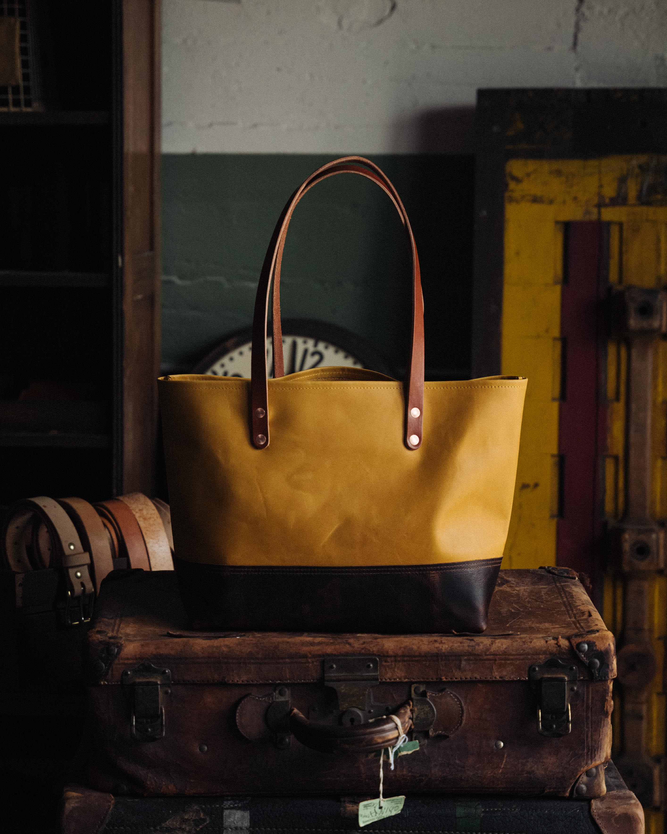 Scratch-and-Dent Mustard &amp; Tortoiseshell East West Panel Tote