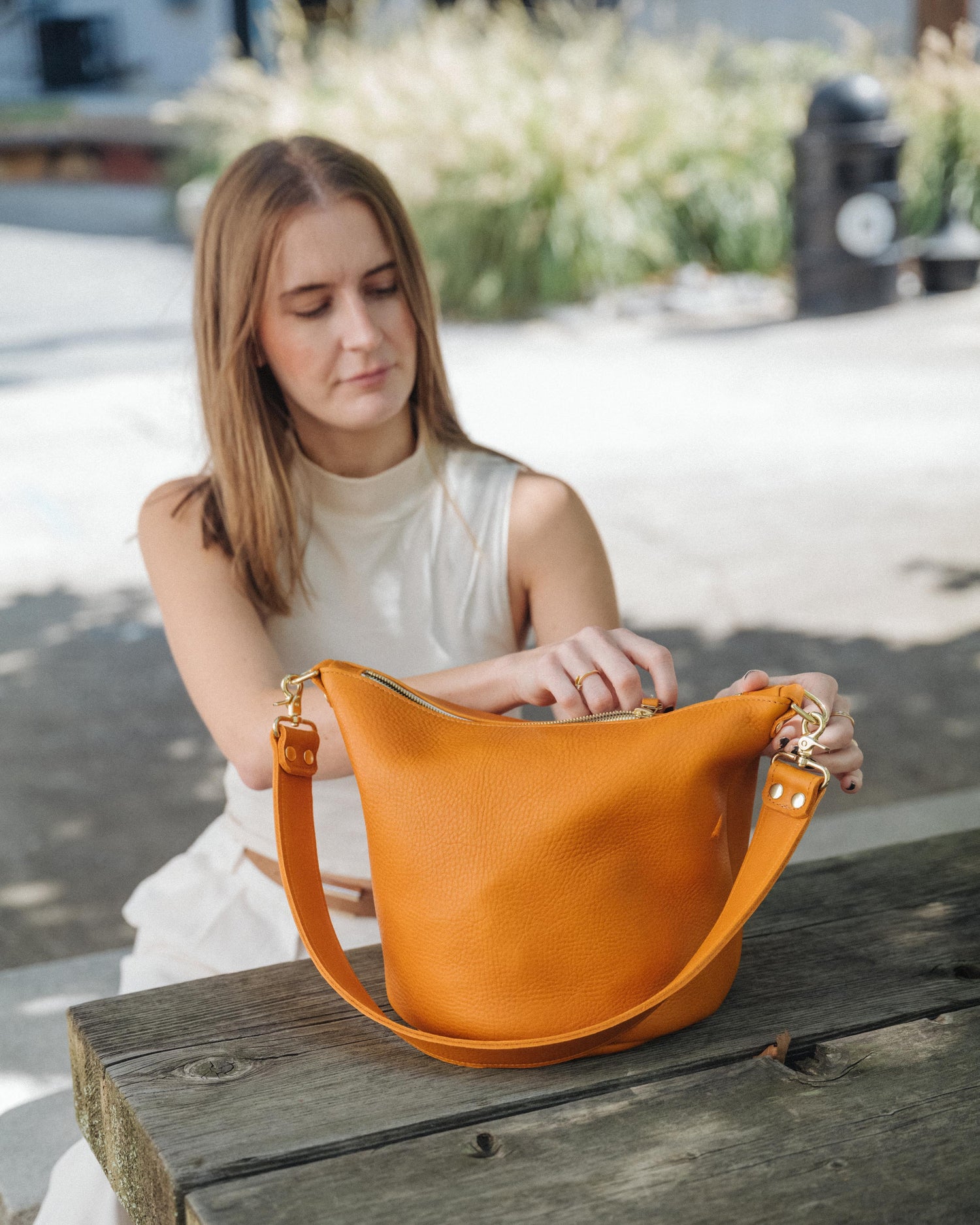 Honey Navajo Bison Zip-Top Bucket Bag