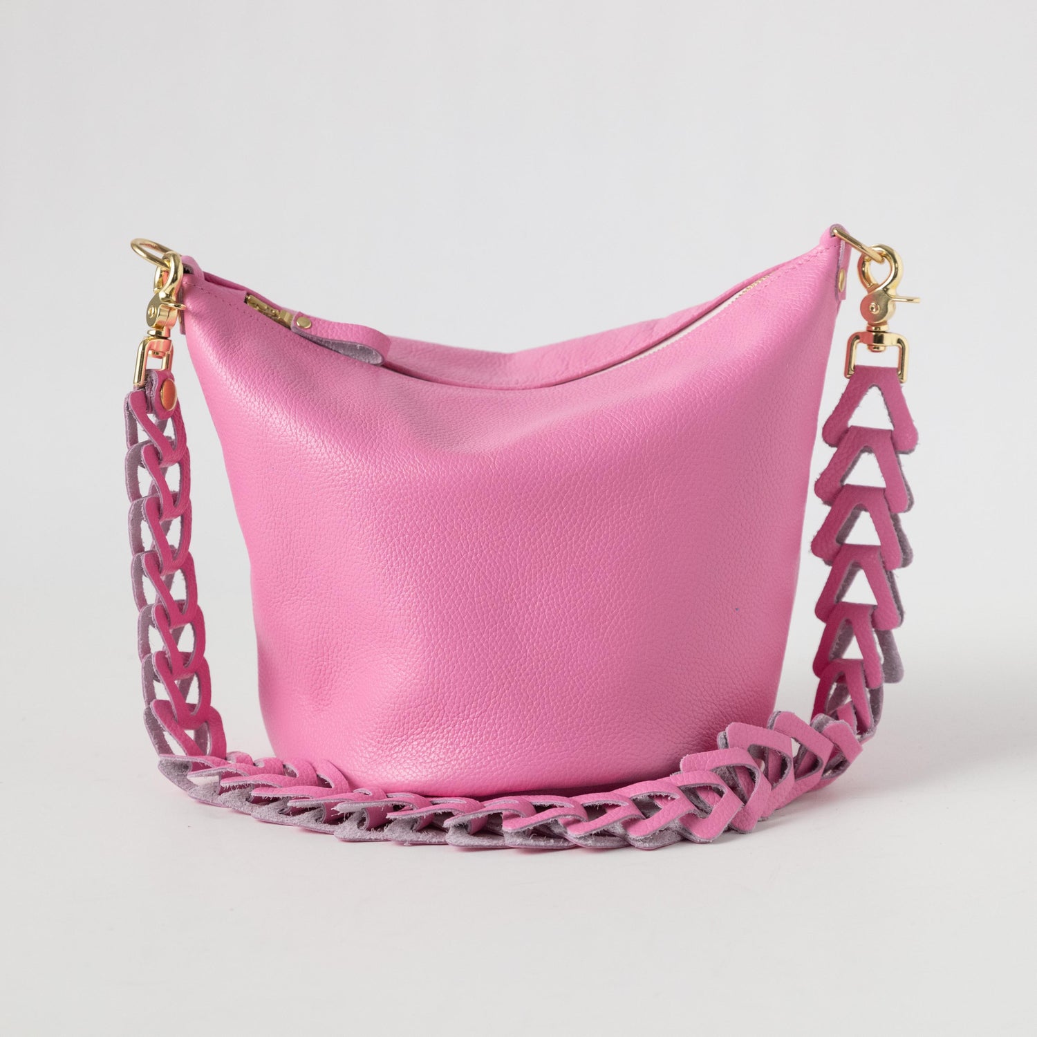 Pink Italian Pebbled Zip-Top Bucket Bag