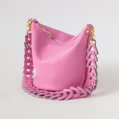 Pink Italian Pebbled Zip-Top Bucket Bag