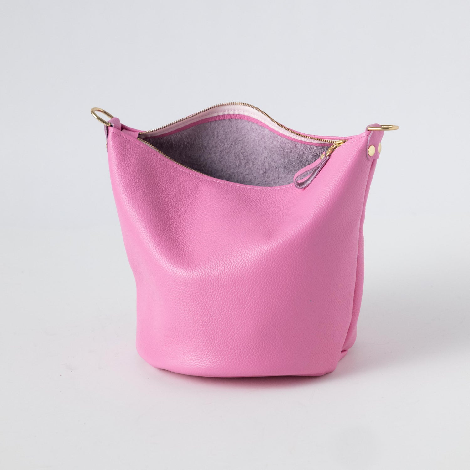 Pink Italian Pebbled Zip-Top Bucket Bag