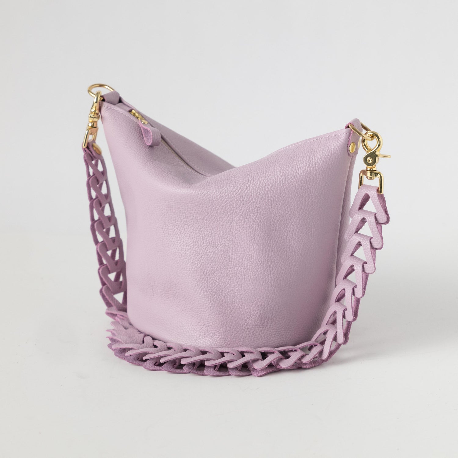 Lilac Italian Pebbled Zip-Top Bucket Bag