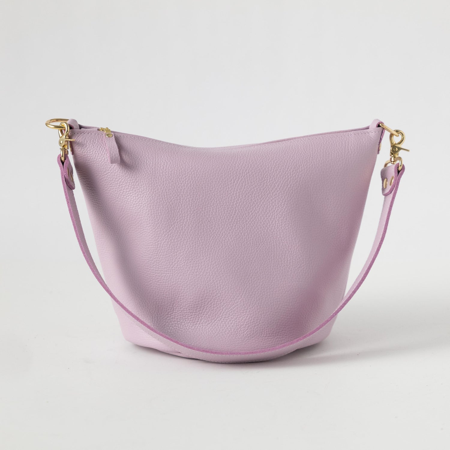 Lilac Italian Pebbled Zip-Top Bucket Bag